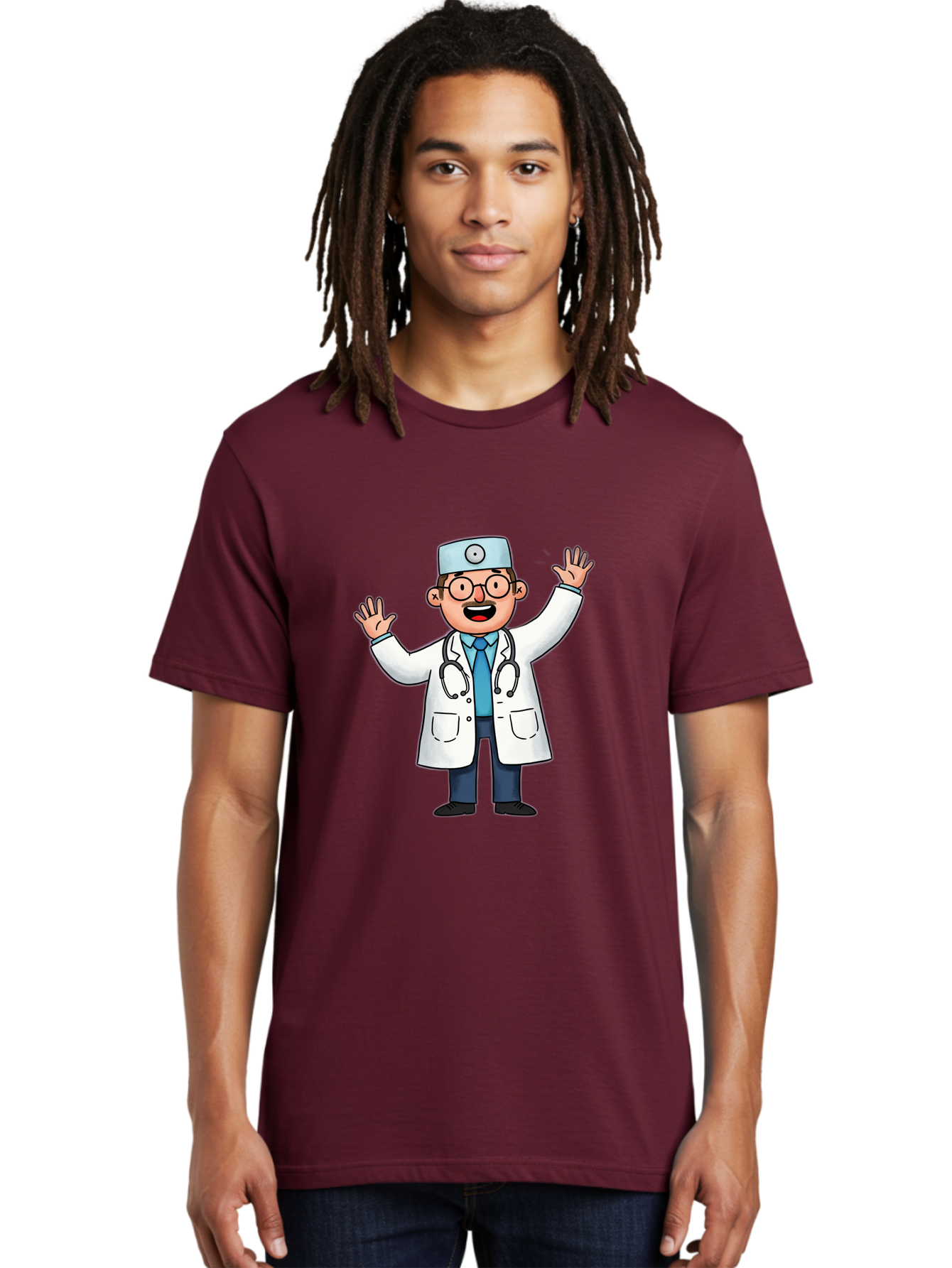 Doctor-6 Men'S Graphic Tee, 100% Cotton, Comfortable Casual Summer Wear, Machine Washable, Cartoon Doctor, Healthcare Professional, Medical Illustration, White Lab Coat, Stethoscope, Blue Tie, Smiling Doctor, Friendly Gesture, Baa461