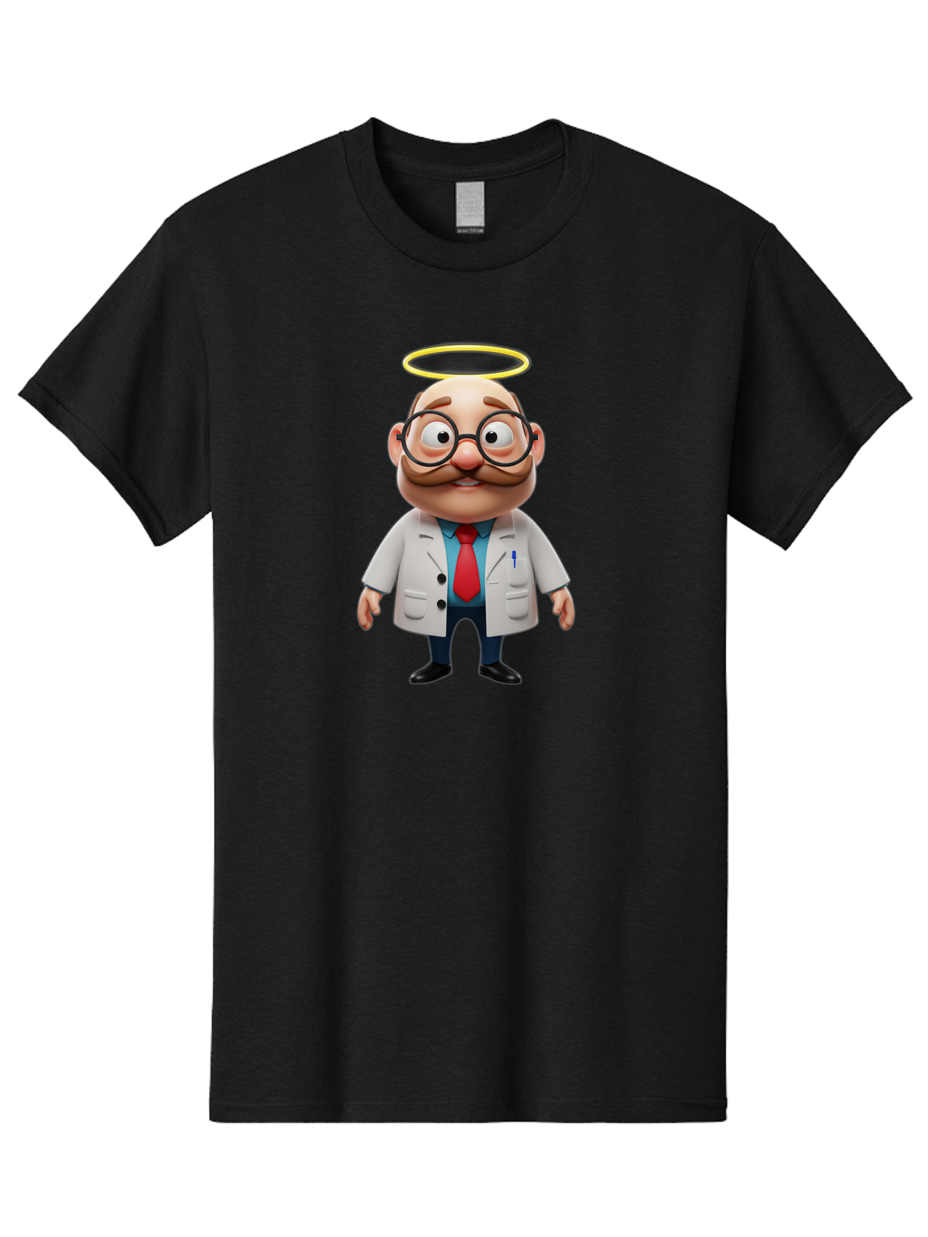 Doctor-Angel Men'S Graphic Tee, 100% Cotton, Comfortable Casual Summer Wear, Machine Washable, Cartoon Doctor, 3D Character, Bald Man, White Lab Coat, Red Tie, Blue Shirt, Black Shoes, Round Glasses, Mustache, Halo, Saintly Figure, Baa465