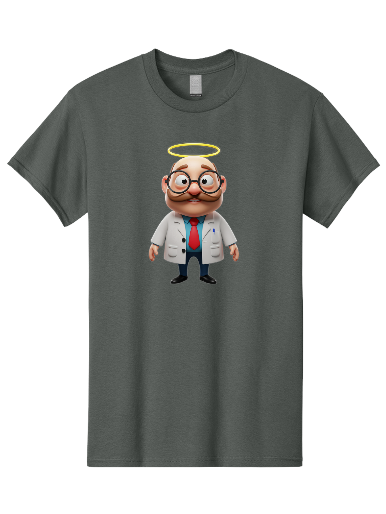 Doctor-Angel Men'S Graphic Tee, 100% Cotton, Comfortable Casual Summer Wear, Machine Washable, Cartoon Doctor, 3D Character, Bald Man, White Lab Coat, Red Tie, Blue Shirt, Black Shoes, Round Glasses, Mustache, Halo, Saintly Figure, Baa465