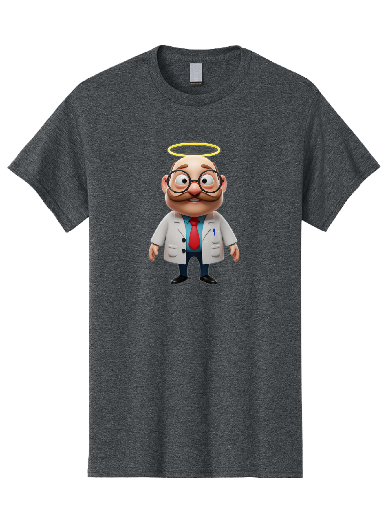 Doctor-Angel Men'S Graphic Tee, 100% Cotton, Comfortable Casual Summer Wear, Machine Washable, Cartoon Doctor, 3D Character, Bald Man, White Lab Coat, Red Tie, Blue Shirt, Black Shoes, Round Glasses, Mustache, Halo, Saintly Figure, Baa465