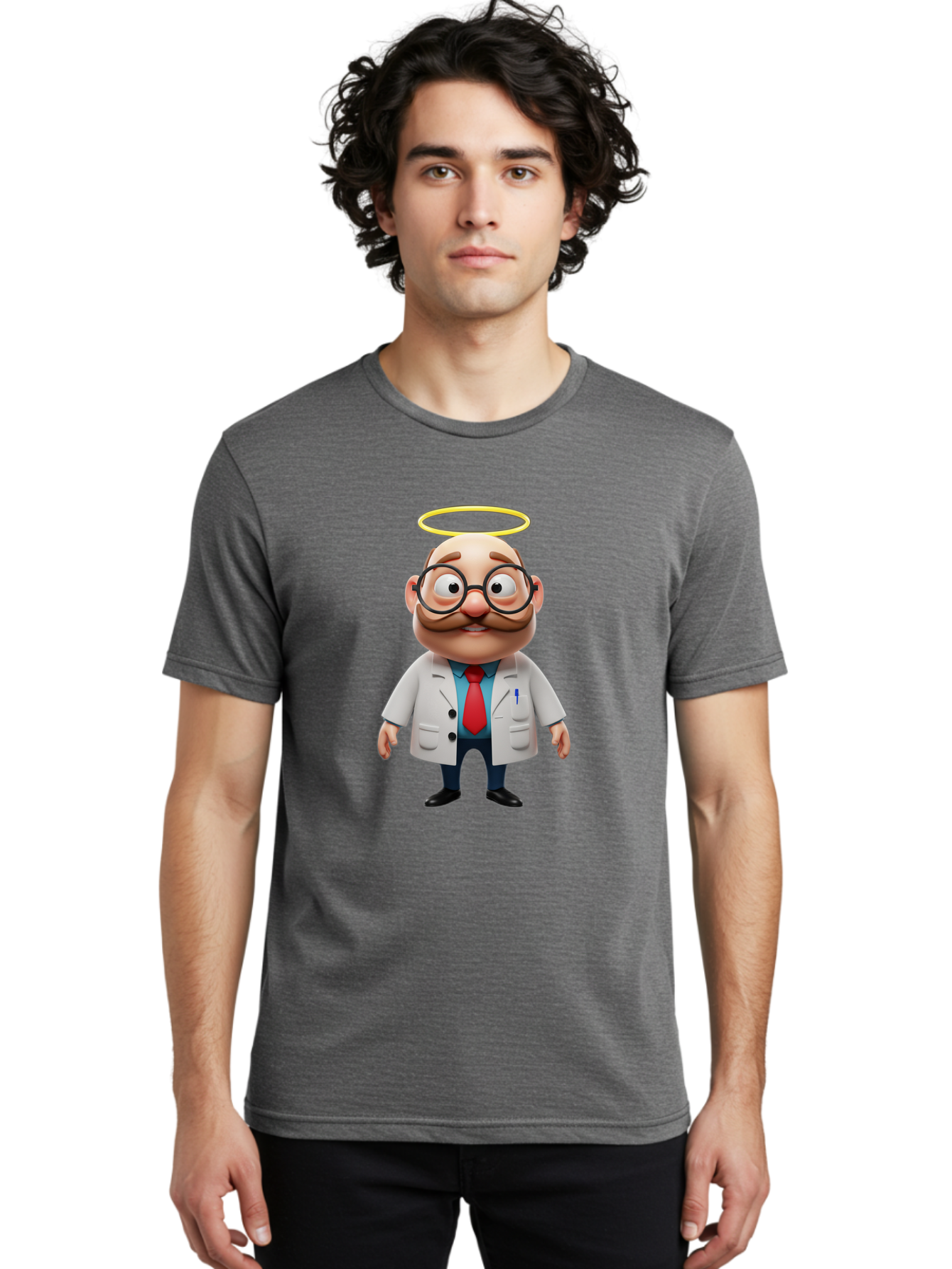 Doctor-Angel Men'S Graphic Tee, 100% Cotton, Comfortable Casual Summer Wear, Machine Washable, Cartoon Doctor, 3D Character, Bald Man, White Lab Coat, Red Tie, Blue Shirt, Black Shoes, Round Glasses, Mustache, Halo, Saintly Figure, Baa465