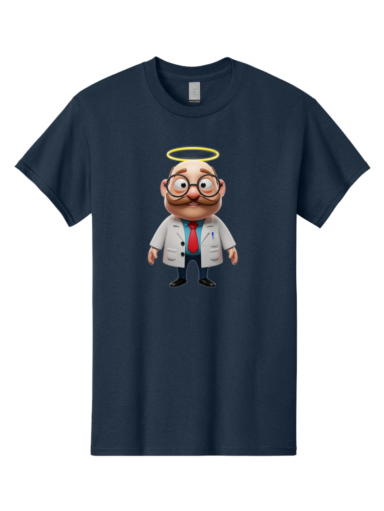 Doctor-Angel Men'S Graphic Tee, 100% Cotton, Comfortable Casual Summer Wear, Machine Washable, Cartoon Doctor, 3D Character, Bald Man, White Lab Coat, Red Tie, Blue Shirt, Black Shoes, Round Glasses, Mustache, Halo, Saintly Figure, Baa465