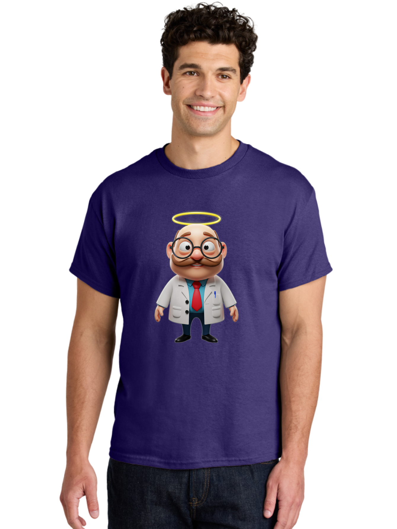 Doctor-Angel Men'S Graphic Tee, 100% Cotton, Comfortable Casual Summer Wear, Machine Washable, Cartoon Doctor, 3D Character, Bald Man, White Lab Coat, Red Tie, Blue Shirt, Black Shoes, Round Glasses, Mustache, Halo, Saintly Figure, Baa465