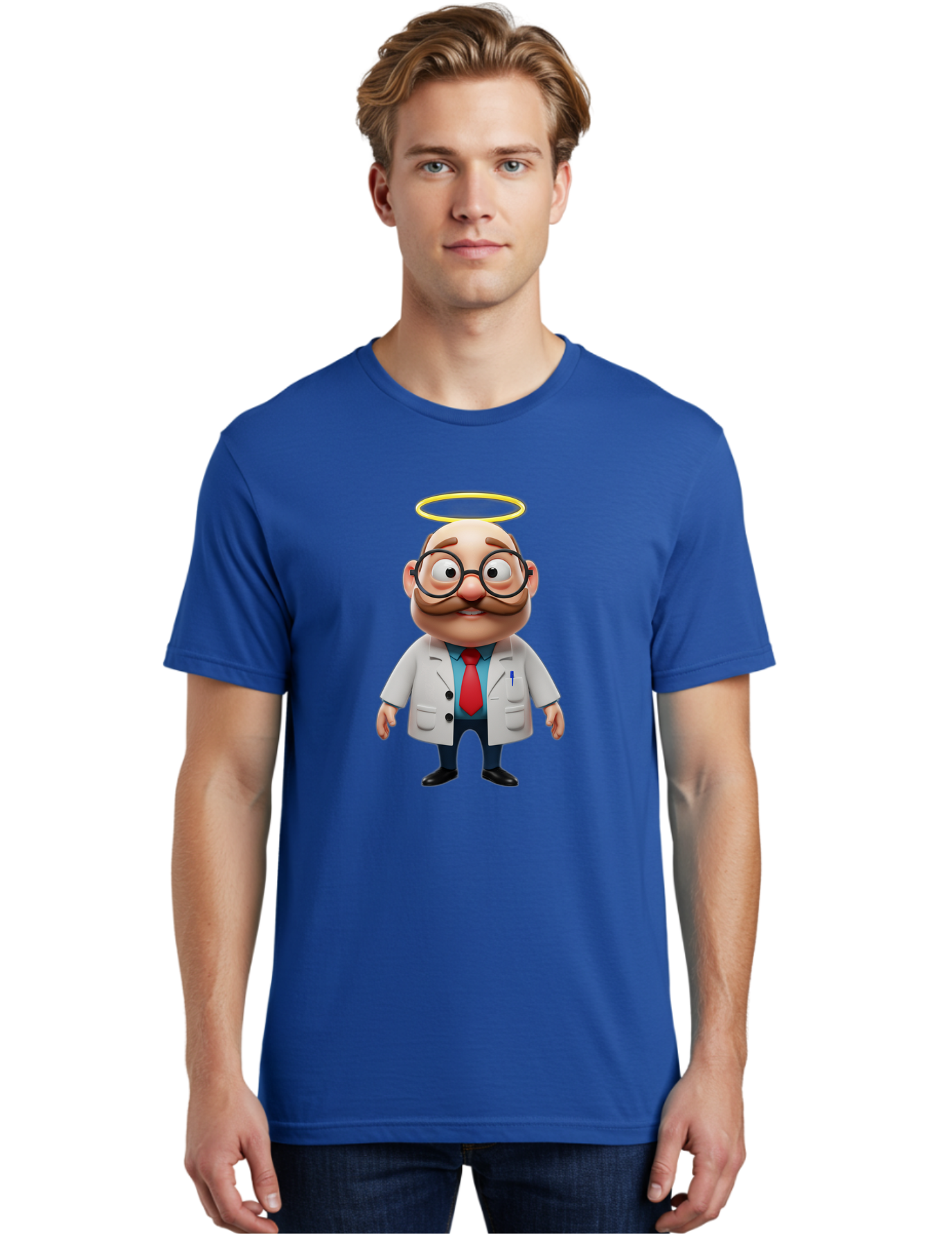 Doctor-Angel Men'S Graphic Tee, 100% Cotton, Comfortable Casual Summer Wear, Machine Washable, Cartoon Doctor, 3D Character, Bald Man, White Lab Coat, Red Tie, Blue Shirt, Black Shoes, Round Glasses, Mustache, Halo, Saintly Figure, Baa465