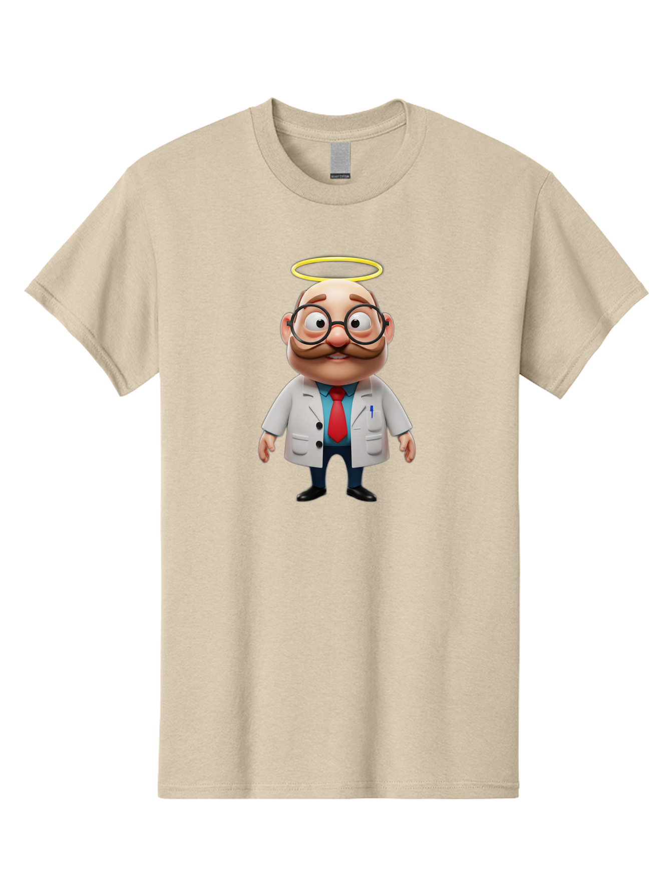 Doctor-Angel Men'S Graphic Tee, 100% Cotton, Comfortable Casual Summer Wear, Machine Washable, Cartoon Doctor, 3D Character, Bald Man, White Lab Coat, Red Tie, Blue Shirt, Black Shoes, Round Glasses, Mustache, Halo, Saintly Figure, Baa465