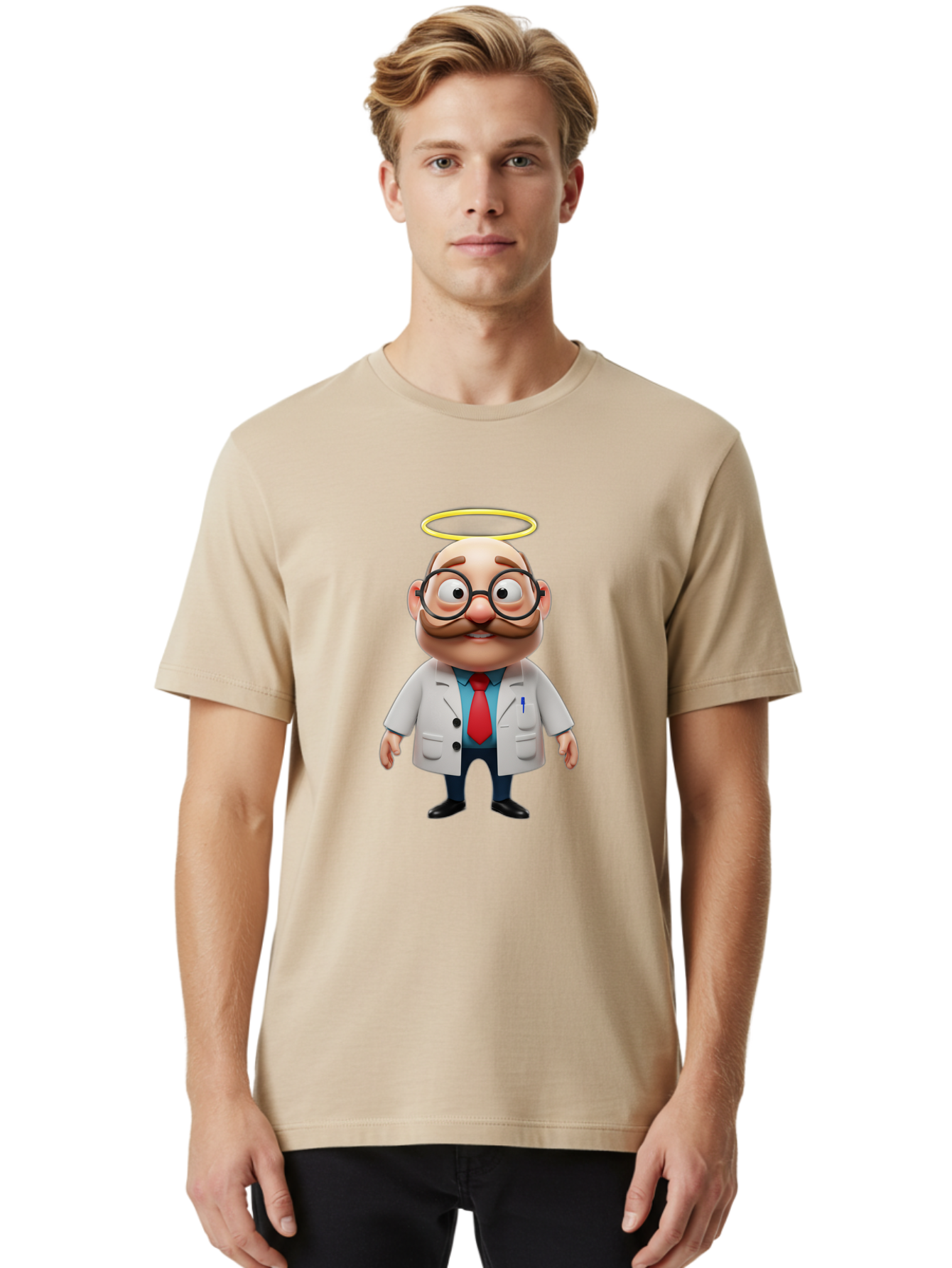 Doctor-Angel Men'S Graphic Tee, 100% Cotton, Comfortable Casual Summer Wear, Machine Washable, Cartoon Doctor, 3D Character, Bald Man, White Lab Coat, Red Tie, Blue Shirt, Black Shoes, Round Glasses, Mustache, Halo, Saintly Figure, Baa465