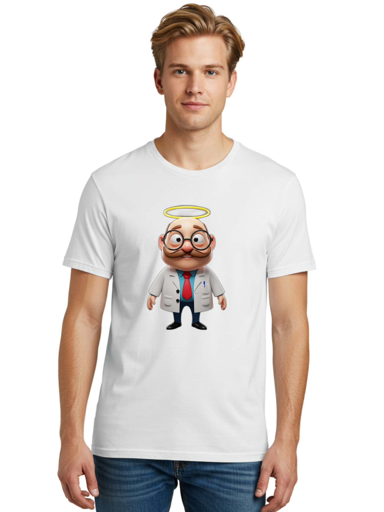 Doctor-Angel Men'S Graphic Tee, 100% Cotton, Comfortable Casual Summer Wear, Machine Washable, Cartoon Doctor, 3D Character, Bald Man, White Lab Coat, Red Tie, Blue Shirt, Black Shoes, Round Glasses, Mustache, Halo, Saintly Figure, Baa465