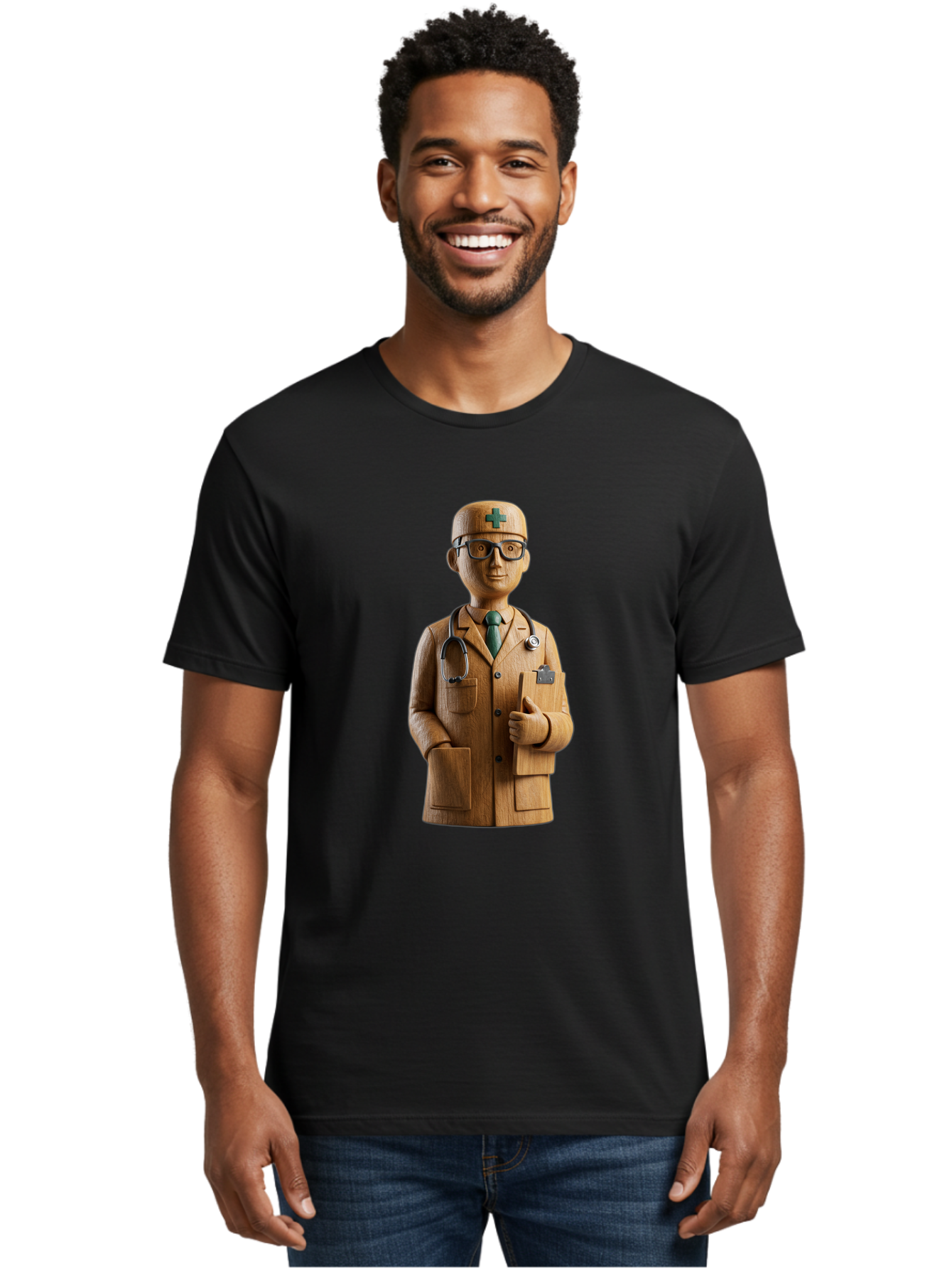 Doctor-Bust Men'S Graphic Tee, 100% Cotton, Comfortable Casual Summer Wear, Machine Washable, Wooden Doctor Figurine, Stethoscope Around Neck, Green Cross On Hat, Medical Professional, Giving A Thumbs Up, Wooden Statue, Doctor Sculpture, Baa466