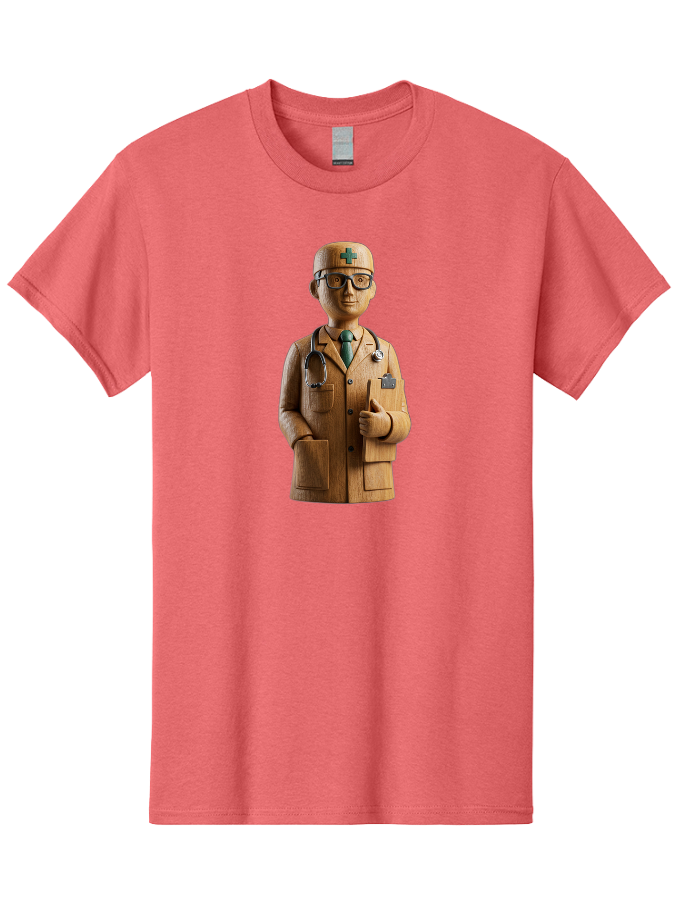 Doctor-Bust Men'S Graphic Tee, 100% Cotton, Comfortable Casual Summer Wear, Machine Washable, Wooden Doctor Figurine, Stethoscope Around Neck, Green Cross On Hat, Medical Professional, Giving A Thumbs Up, Wooden Statue, Doctor Sculpture, Baa466