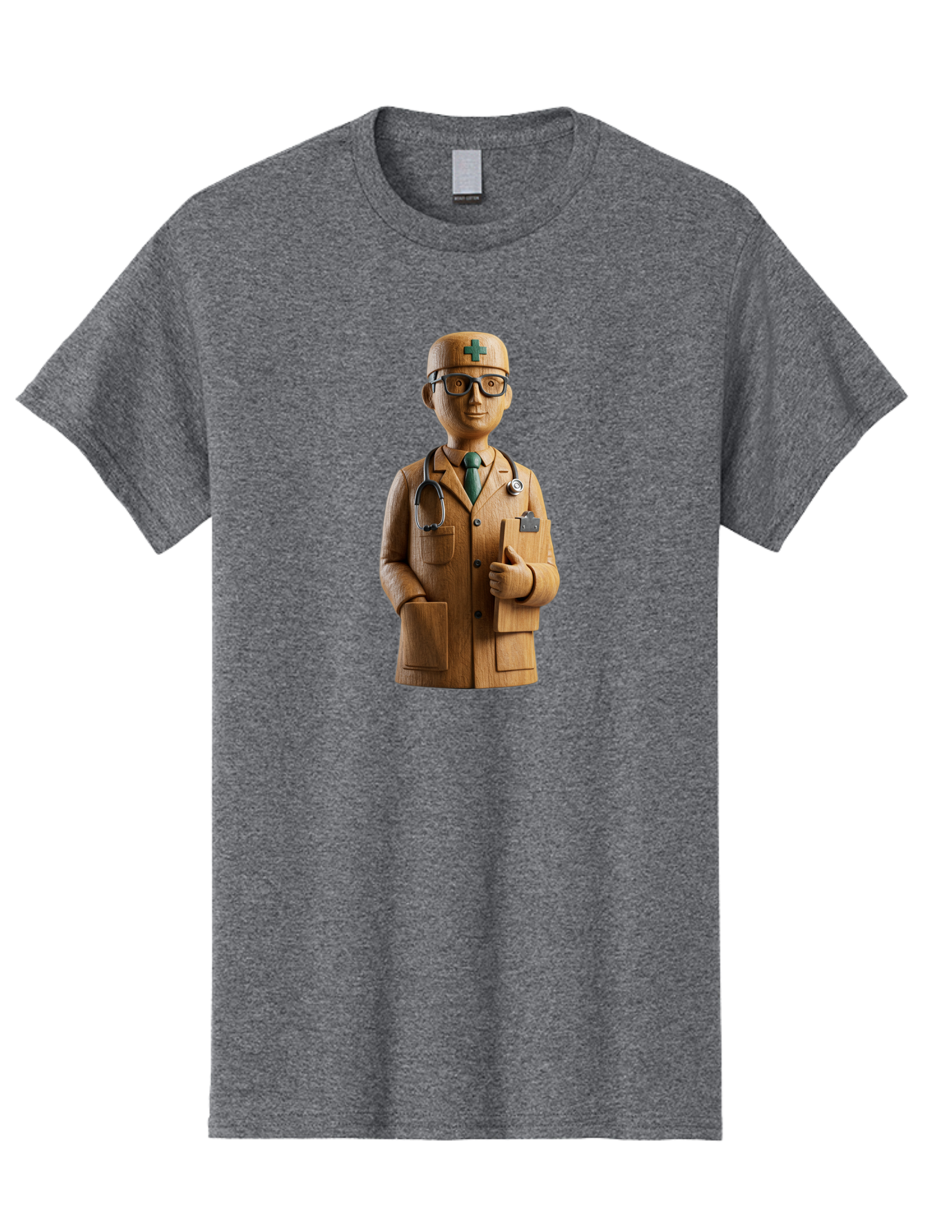 Doctor-Bust Men'S Graphic Tee, 100% Cotton, Comfortable Casual Summer Wear, Machine Washable, Wooden Doctor Figurine, Stethoscope Around Neck, Green Cross On Hat, Medical Professional, Giving A Thumbs Up, Wooden Statue, Doctor Sculpture, Baa466