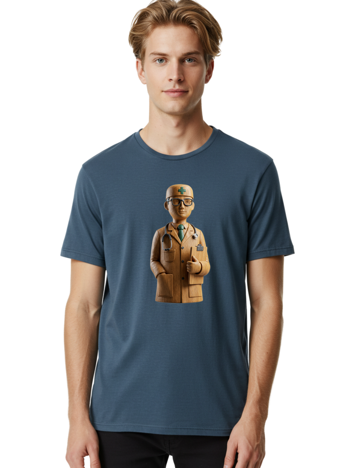Doctor-Bust Men'S Graphic Tee, 100% Cotton, Comfortable Casual Summer Wear, Machine Washable, Wooden Doctor Figurine, Stethoscope Around Neck, Green Cross On Hat, Medical Professional, Giving A Thumbs Up, Wooden Statue, Doctor Sculpture, Baa466