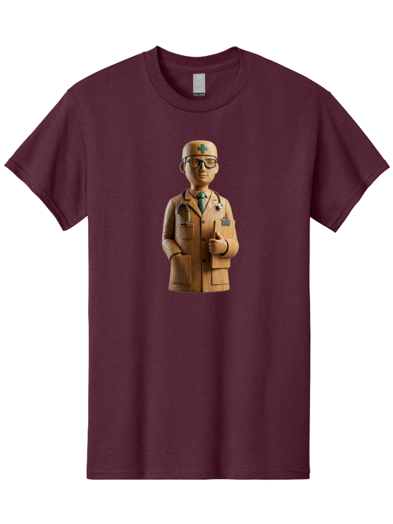 Doctor-Bust Men'S Graphic Tee, 100% Cotton, Comfortable Casual Summer Wear, Machine Washable, Wooden Doctor Figurine, Stethoscope Around Neck, Green Cross On Hat, Medical Professional, Giving A Thumbs Up, Wooden Statue, Doctor Sculpture, Baa466