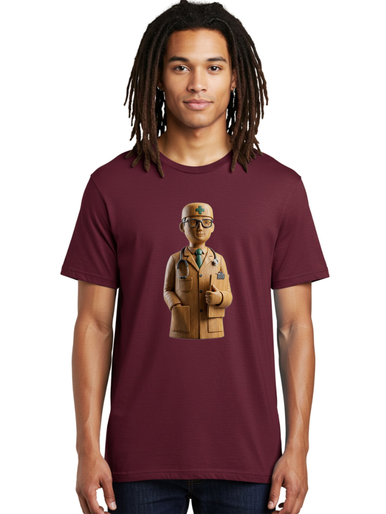 Doctor-Bust Men'S Graphic Tee, 100% Cotton, Comfortable Casual Summer Wear, Machine Washable, Wooden Doctor Figurine, Stethoscope Around Neck, Green Cross On Hat, Medical Professional, Giving A Thumbs Up, Wooden Statue, Doctor Sculpture, Baa466