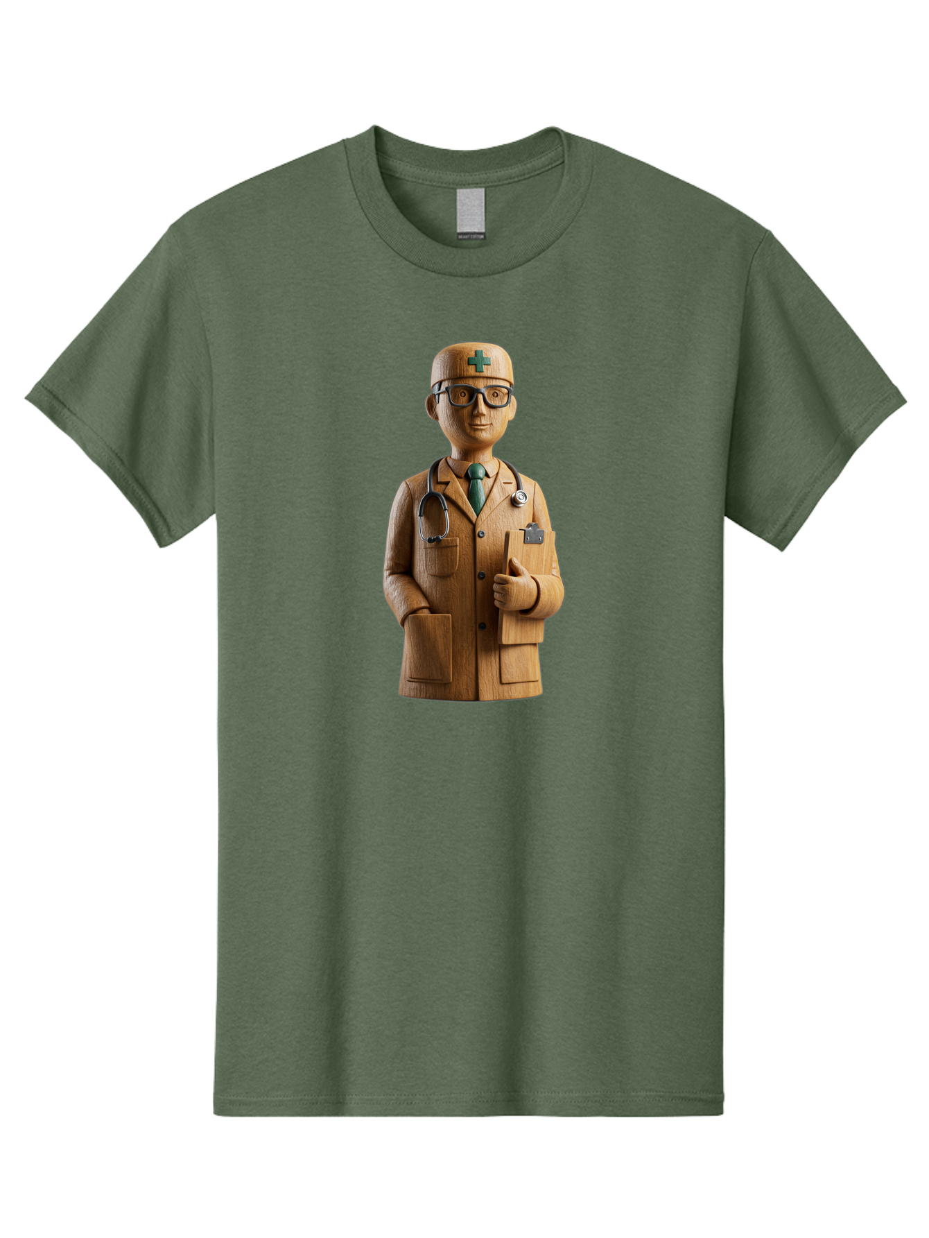 Doctor-Bust Men'S Graphic Tee, 100% Cotton, Comfortable Casual Summer Wear, Machine Washable, Wooden Doctor Figurine, Stethoscope Around Neck, Green Cross On Hat, Medical Professional, Giving A Thumbs Up, Wooden Statue, Doctor Sculpture, Baa466