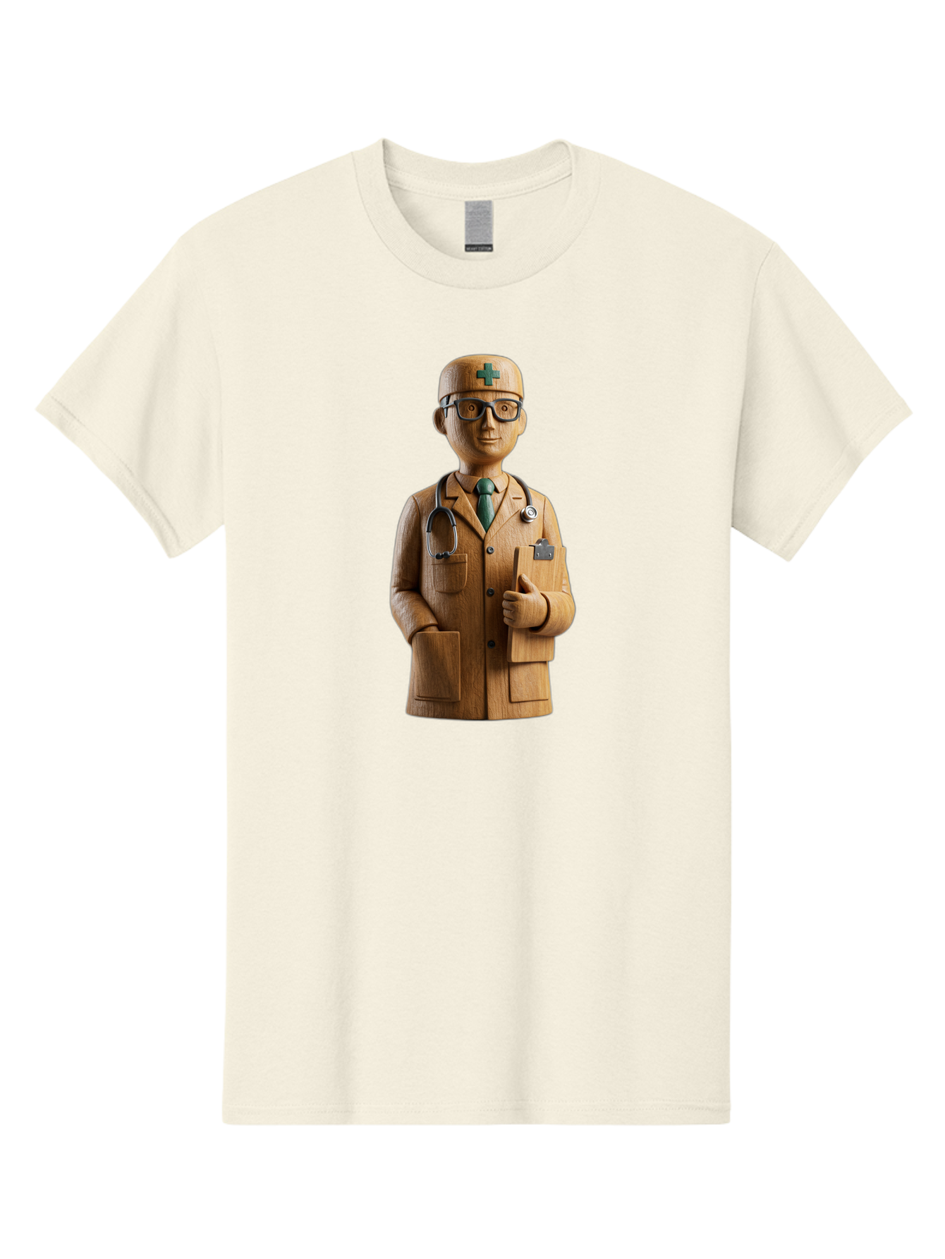 Doctor-Bust Men'S Graphic Tee, 100% Cotton, Comfortable Casual Summer Wear, Machine Washable, Wooden Doctor Figurine, Stethoscope Around Neck, Green Cross On Hat, Medical Professional, Giving A Thumbs Up, Wooden Statue, Doctor Sculpture, Baa466