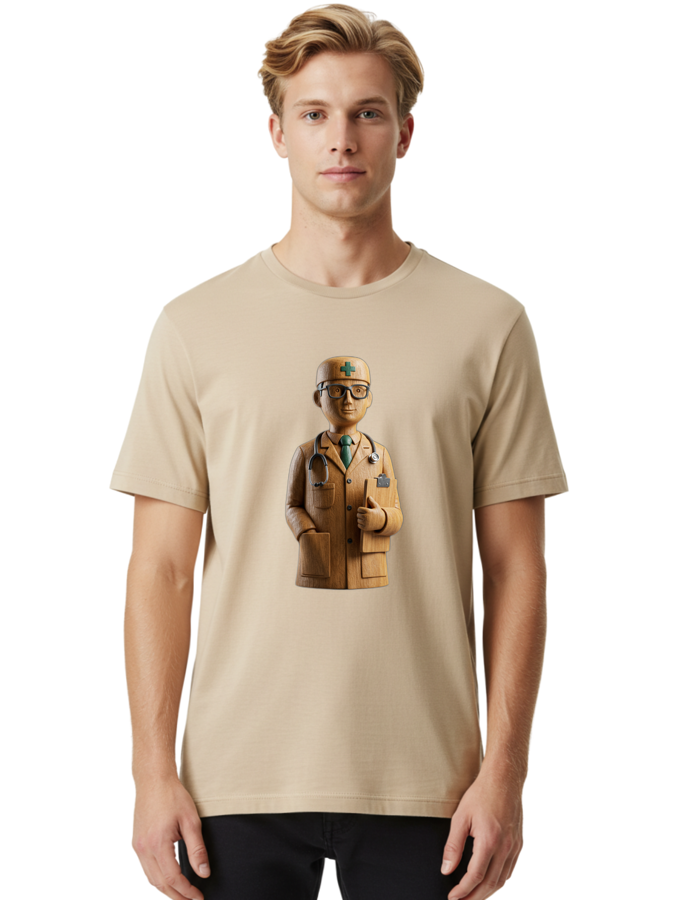 Doctor-Bust Men'S Graphic Tee, 100% Cotton, Comfortable Casual Summer Wear, Machine Washable, Wooden Doctor Figurine, Stethoscope Around Neck, Green Cross On Hat, Medical Professional, Giving A Thumbs Up, Wooden Statue, Doctor Sculpture, Baa466