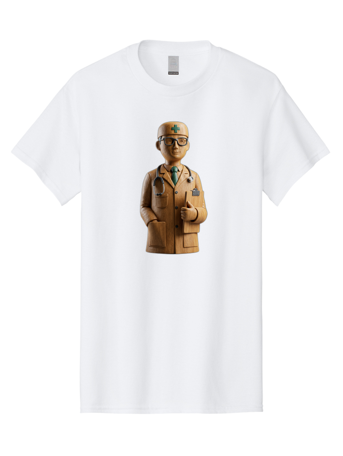 Doctor-Bust Men'S Graphic Tee, 100% Cotton, Comfortable Casual Summer Wear, Machine Washable, Wooden Doctor Figurine, Stethoscope Around Neck, Green Cross On Hat, Medical Professional, Giving A Thumbs Up, Wooden Statue, Doctor Sculpture, Baa466