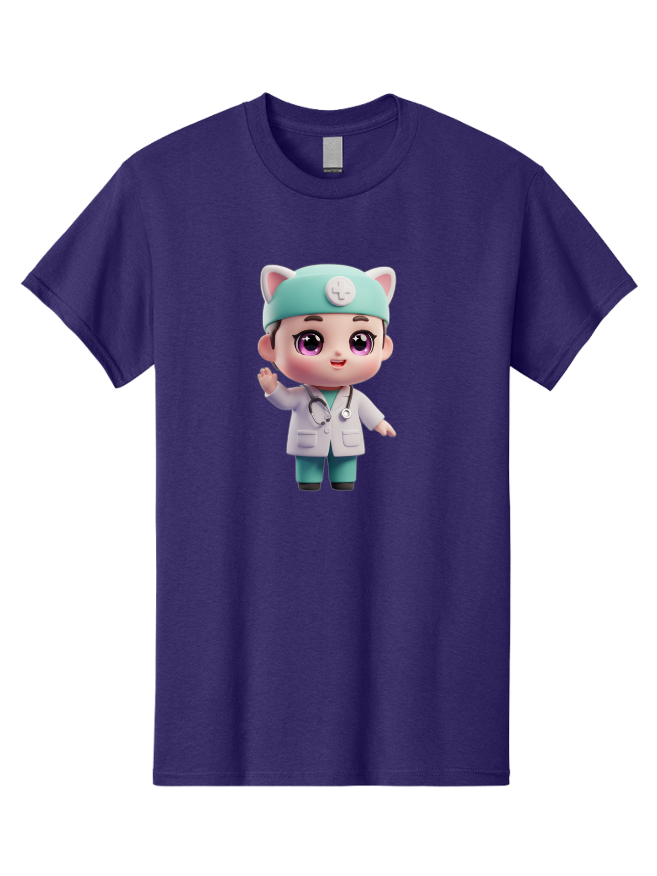 Doctor-Cat-Ears Men'S Graphic Tee, 100% Cotton, Comfortable Casual Summer Wear, Machine Washable, Cartoon Doctor, Kawaii Character, White Lab Coat, Stethoscope, Cute Eyes, Medical Attire, Health Care, Adorable, Welcoming Gesture, Baa467