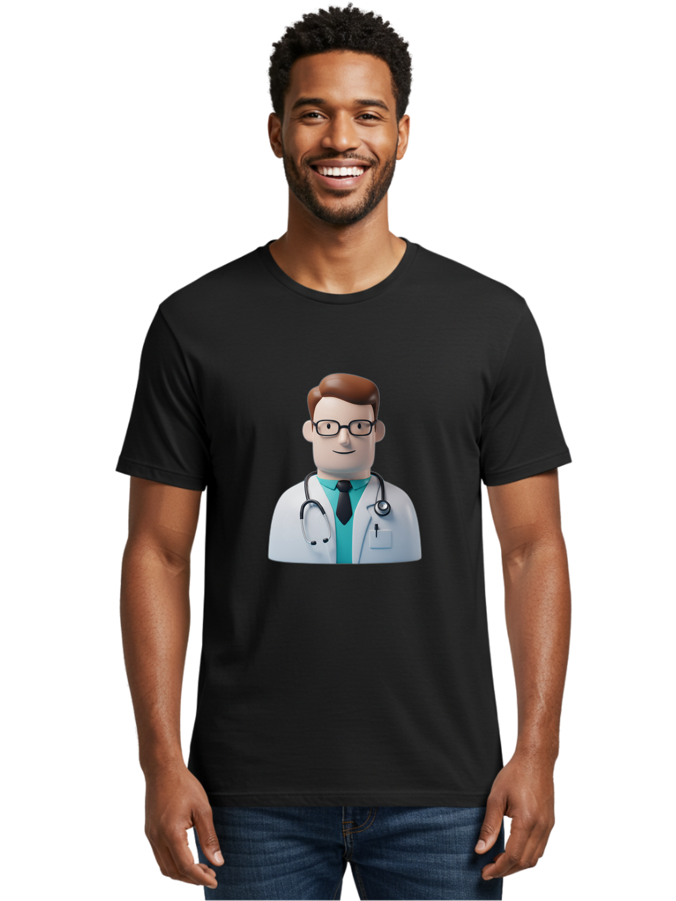 Doctor-Character-1 Men'S Graphic Tee, 100% Cotton, Comfortable Casual Summer Wear, Machine Washable, Male Doctor, White Lab Coat, Stethoscope, Black Tie, Blue Shirt, Friendly Smile, Medical Professional, Healthcare Provider, Doctor Character, Baa468
