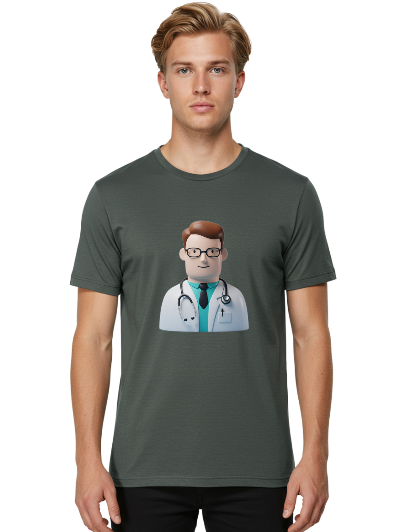Doctor-Character-1 Men'S Graphic Tee, 100% Cotton, Comfortable Casual Summer Wear, Machine Washable, Male Doctor, White Lab Coat, Stethoscope, Black Tie, Blue Shirt, Friendly Smile, Medical Professional, Healthcare Provider, Doctor Character, Baa468