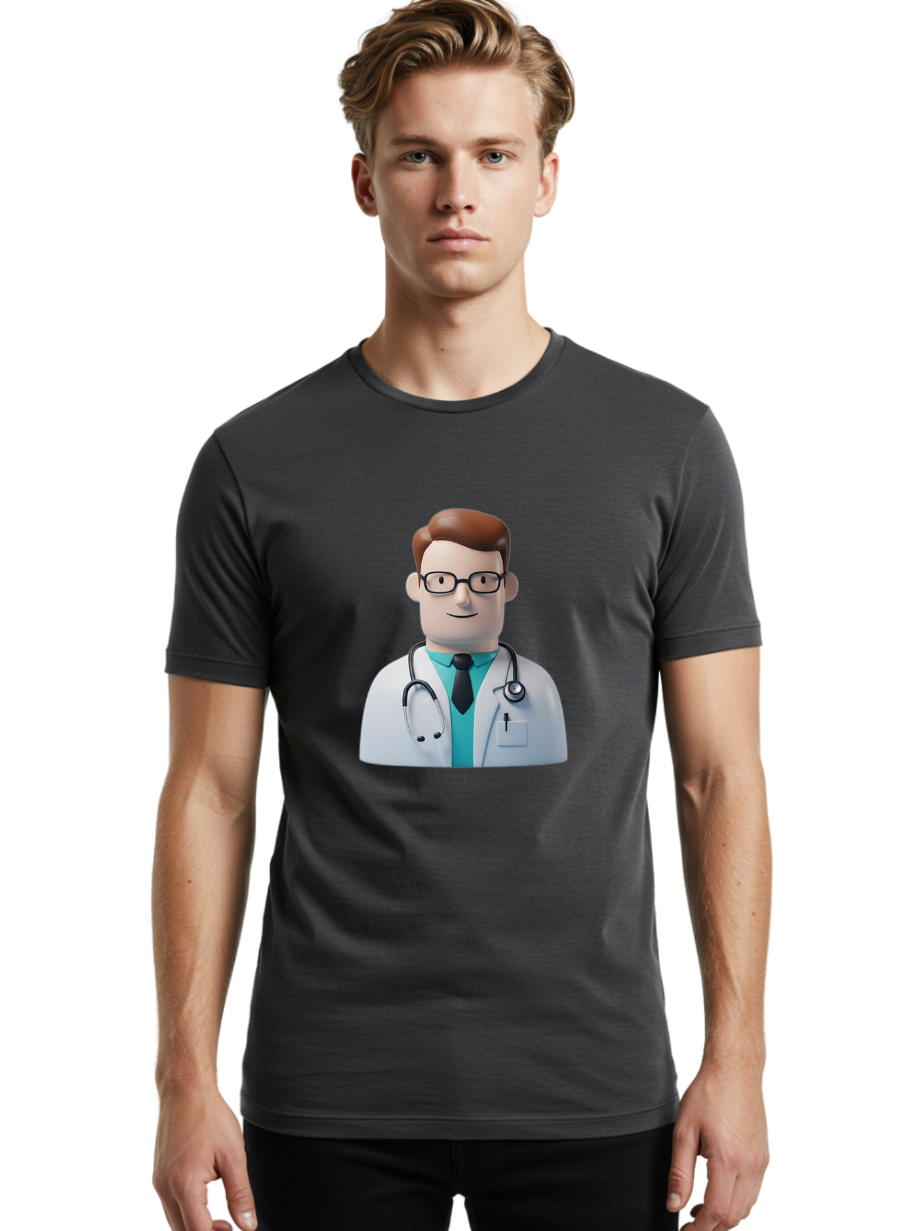 Doctor-Character-1 Men'S Graphic Tee, 100% Cotton, Comfortable Casual Summer Wear, Machine Washable, Male Doctor, White Lab Coat, Stethoscope, Black Tie, Blue Shirt, Friendly Smile, Medical Professional, Healthcare Provider, Doctor Character, Baa468