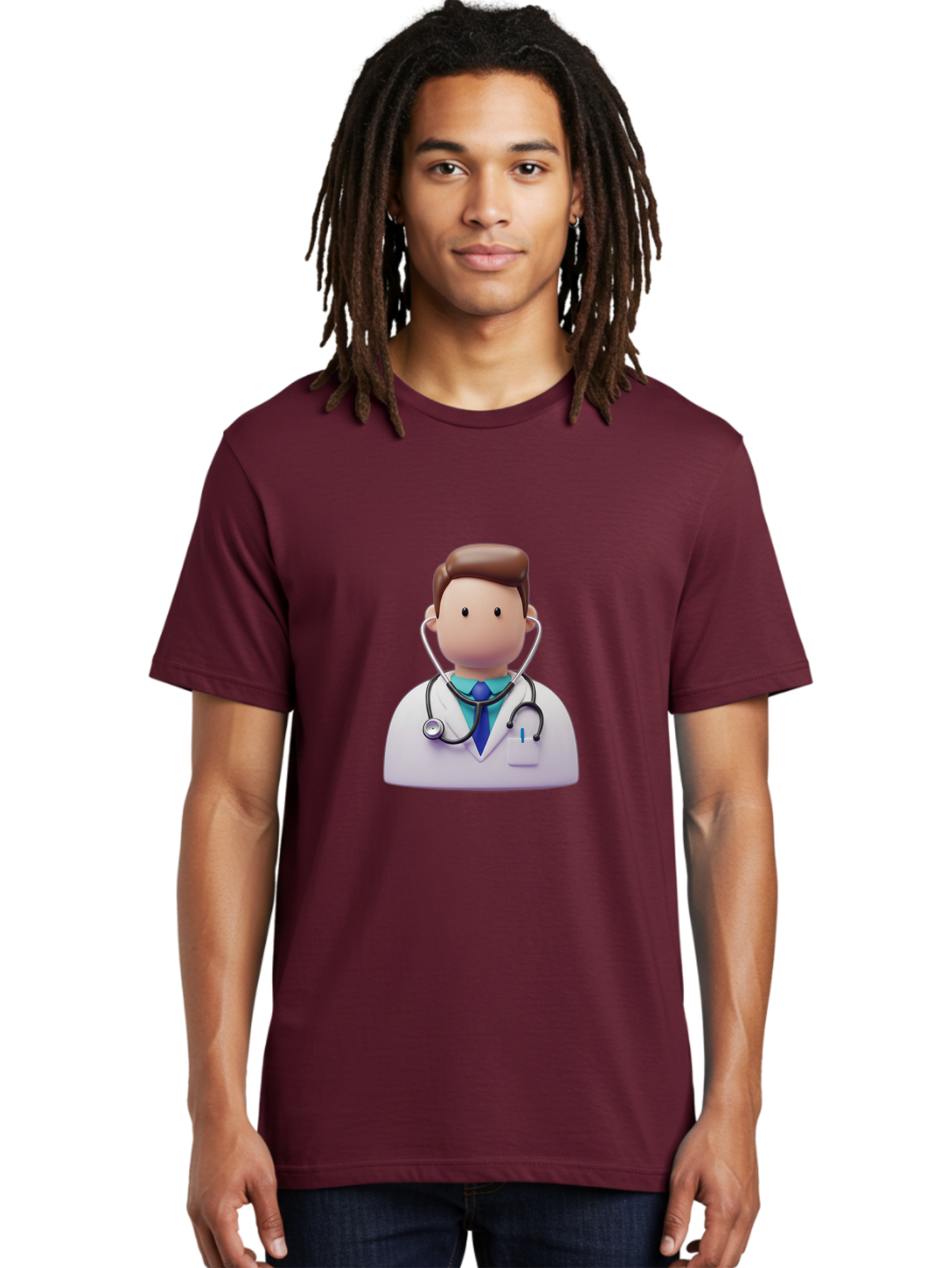 Doctor-Character-2 Men'S Graphic Tee, 100% Cotton, Comfortable Casual Summer Wear, Machine Washable, Cartoon Doctor, Medical Professional, Stethoscope, White Coat, Blue Tie, Health Care, Medical Illustration, 3D Character, Healthcare Worker, Baa469