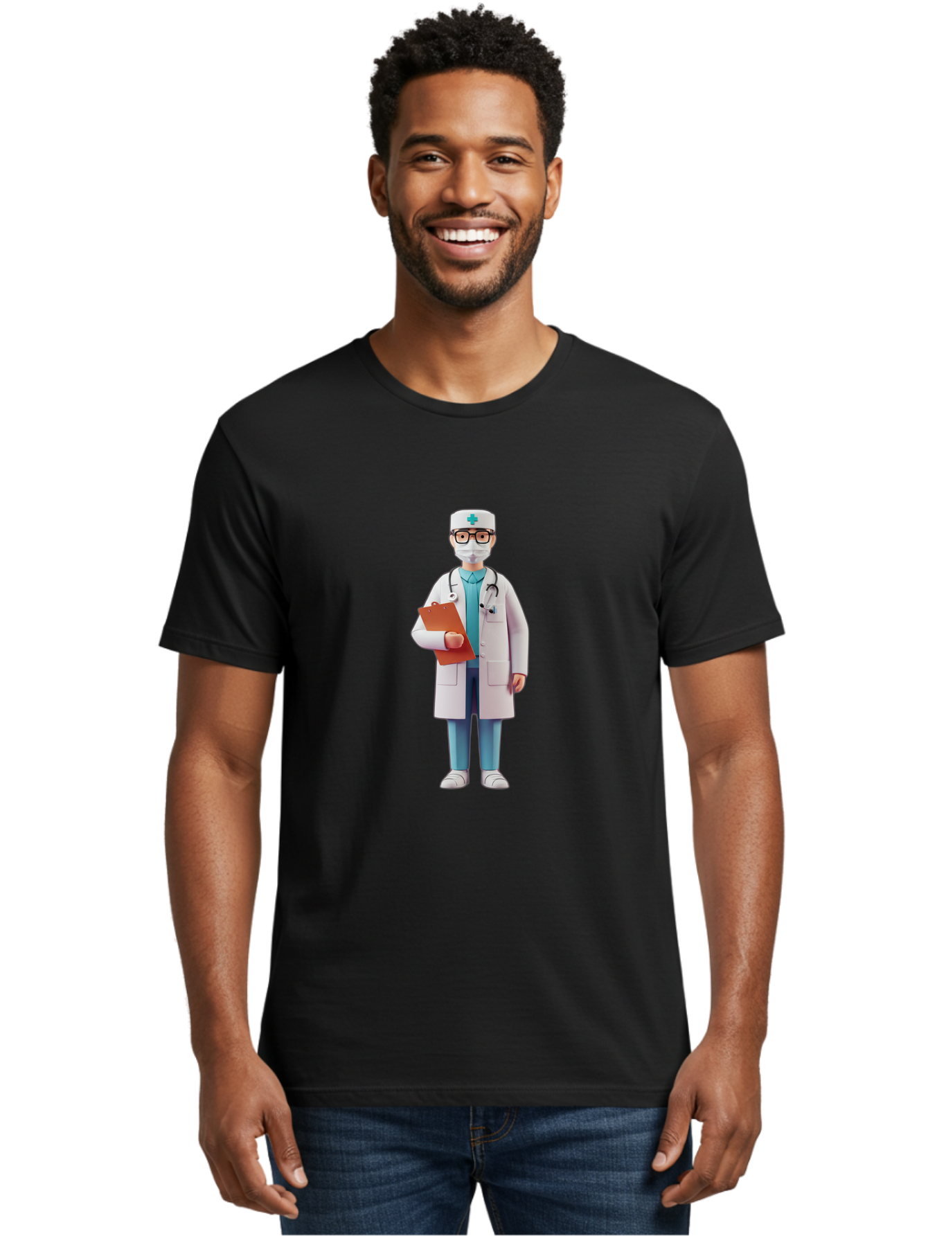 Doctor-Character-3 Men'S Graphic Tee, 100% Cotton, Comfortable Casual Summer Wear, Machine Washable, Male Doctor, Medical Professional, Healthcare Worker, White Lab Coat, Stethoscope, Clipboard, Face Mask, Medical Cap, Blue Scrubs, Baa470