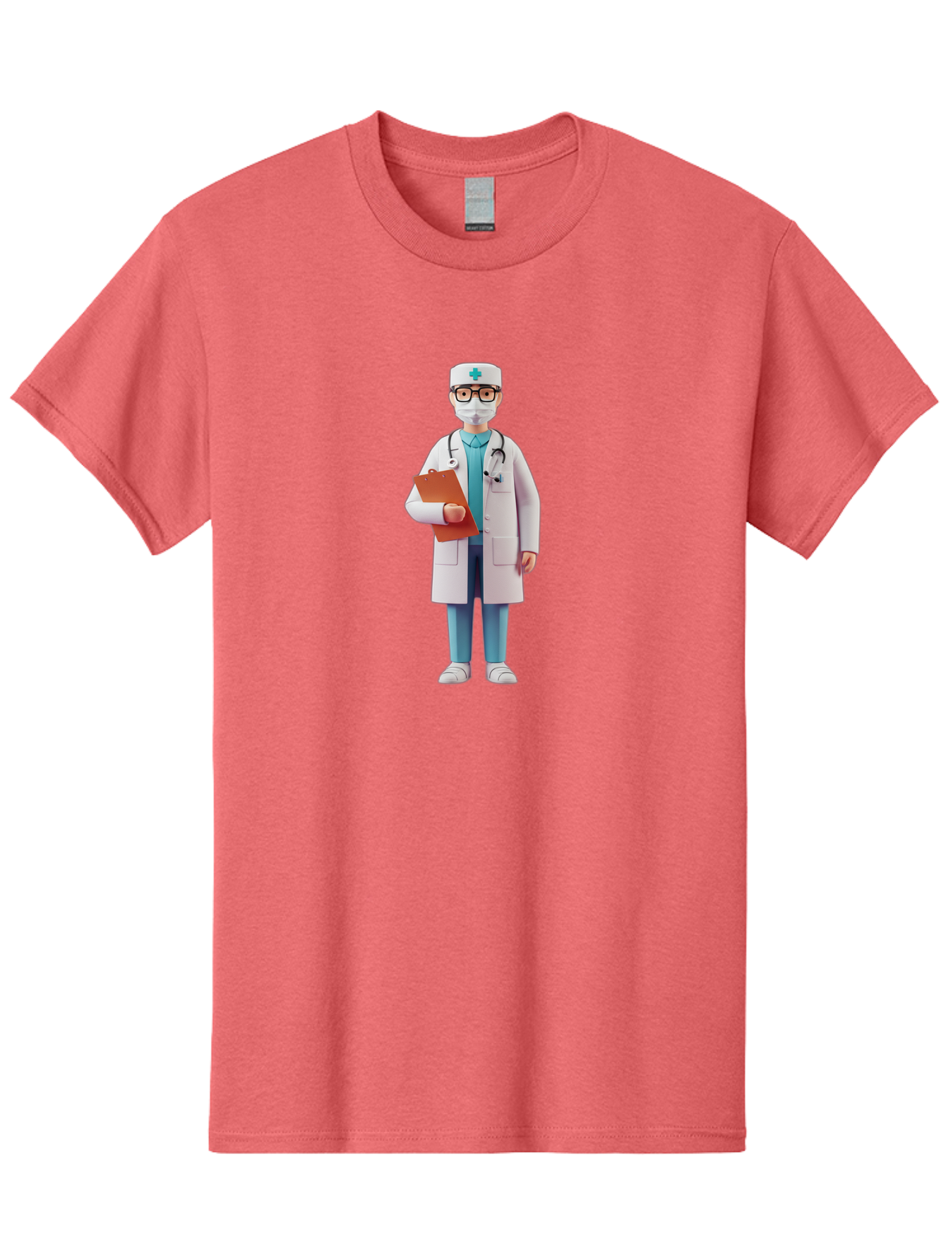Doctor-Character-3 Men'S Graphic Tee, 100% Cotton, Comfortable Casual Summer Wear, Machine Washable, Male Doctor, Medical Professional, Healthcare Worker, White Lab Coat, Stethoscope, Clipboard, Face Mask, Medical Cap, Blue Scrubs, Baa470
