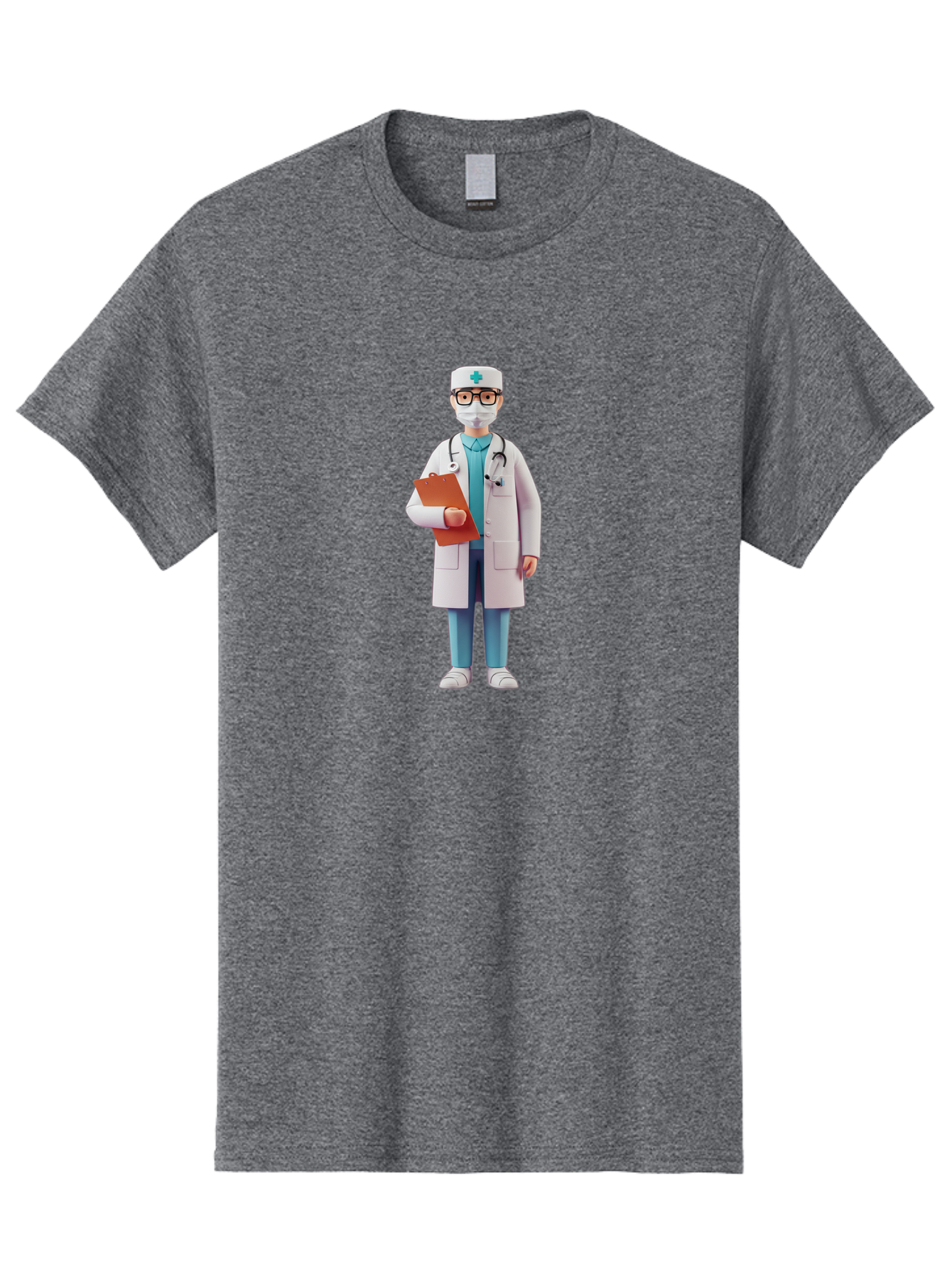Doctor-Character-3 Men'S Graphic Tee, 100% Cotton, Comfortable Casual Summer Wear, Machine Washable, Male Doctor, Medical Professional, Healthcare Worker, White Lab Coat, Stethoscope, Clipboard, Face Mask, Medical Cap, Blue Scrubs, Baa470