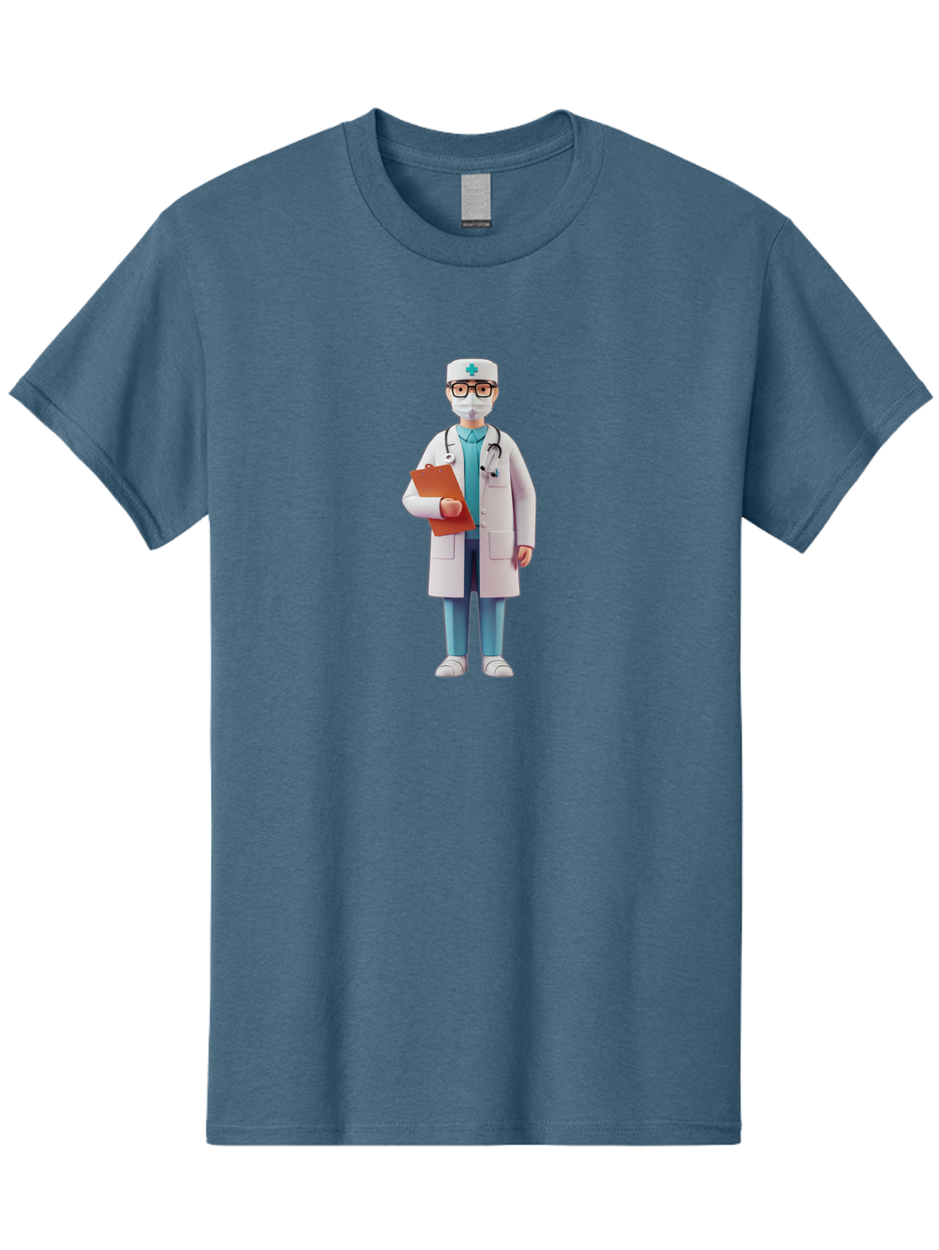 Doctor-Character-3 Men'S Graphic Tee, 100% Cotton, Comfortable Casual Summer Wear, Machine Washable, Male Doctor, Medical Professional, Healthcare Worker, White Lab Coat, Stethoscope, Clipboard, Face Mask, Medical Cap, Blue Scrubs, Baa470