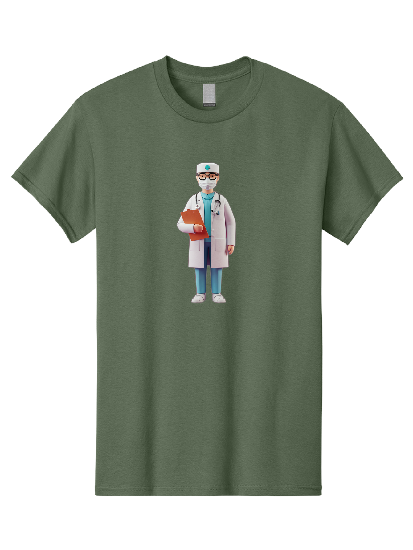Doctor-Character-3 Men'S Graphic Tee, 100% Cotton, Comfortable Casual Summer Wear, Machine Washable, Male Doctor, Medical Professional, Healthcare Worker, White Lab Coat, Stethoscope, Clipboard, Face Mask, Medical Cap, Blue Scrubs, Baa470