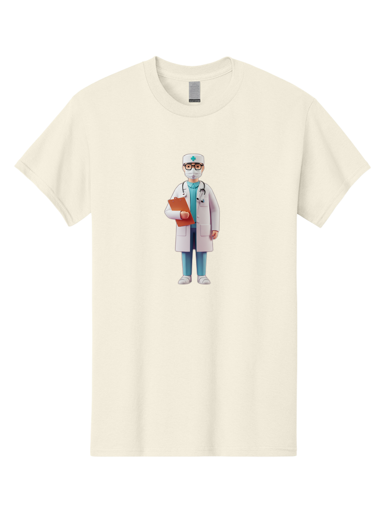 Doctor-Character-3 Men'S Graphic Tee, 100% Cotton, Comfortable Casual Summer Wear, Machine Washable, Male Doctor, Medical Professional, Healthcare Worker, White Lab Coat, Stethoscope, Clipboard, Face Mask, Medical Cap, Blue Scrubs, Baa470