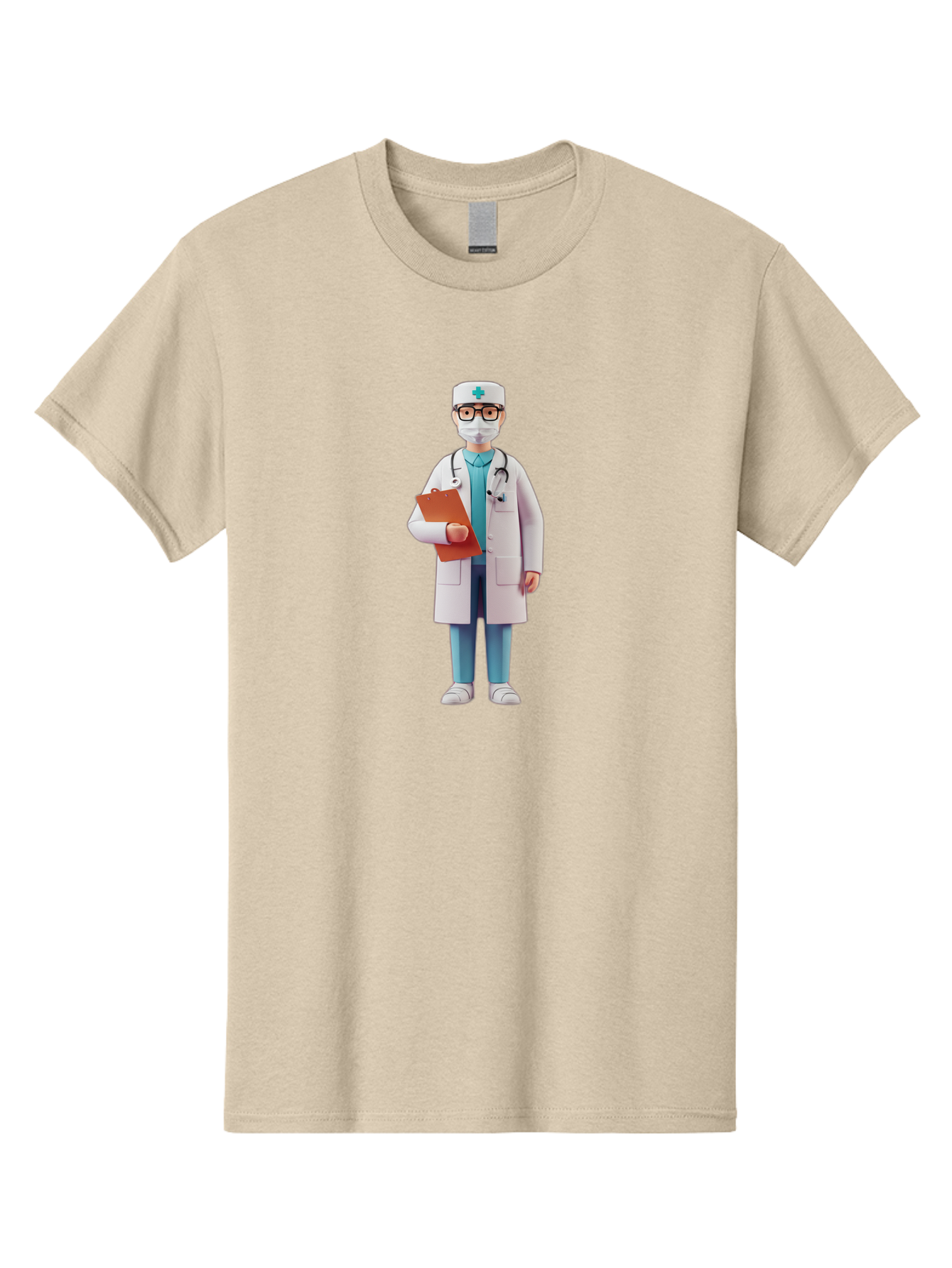 Doctor-Character-3 Men'S Graphic Tee, 100% Cotton, Comfortable Casual Summer Wear, Machine Washable, Male Doctor, Medical Professional, Healthcare Worker, White Lab Coat, Stethoscope, Clipboard, Face Mask, Medical Cap, Blue Scrubs, Baa470