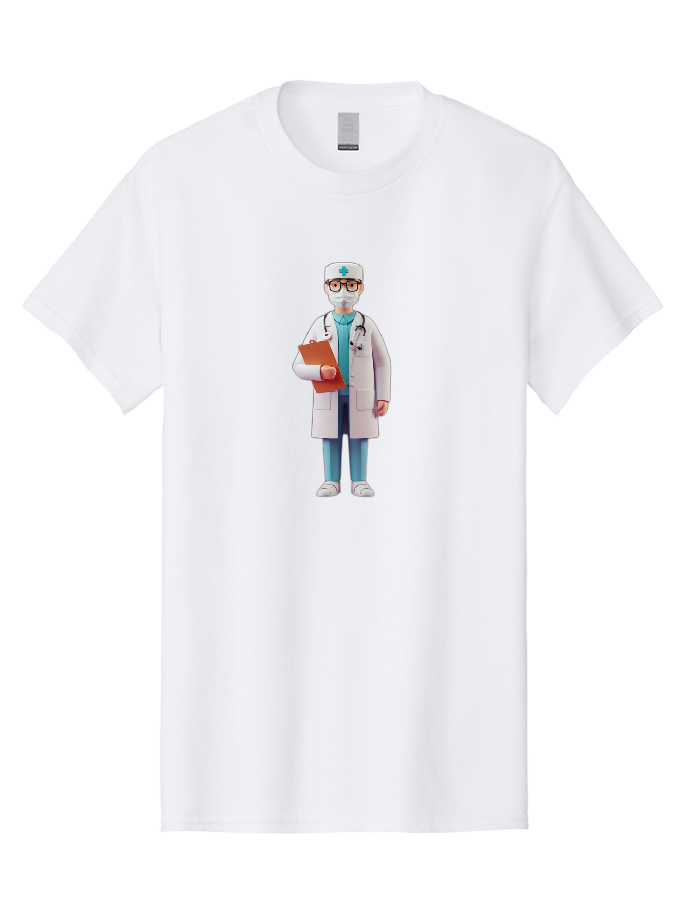 Doctor-Character-3 Men'S Graphic Tee, 100% Cotton, Comfortable Casual Summer Wear, Machine Washable, Male Doctor, Medical Professional, Healthcare Worker, White Lab Coat, Stethoscope, Clipboard, Face Mask, Medical Cap, Blue Scrubs, Baa470
