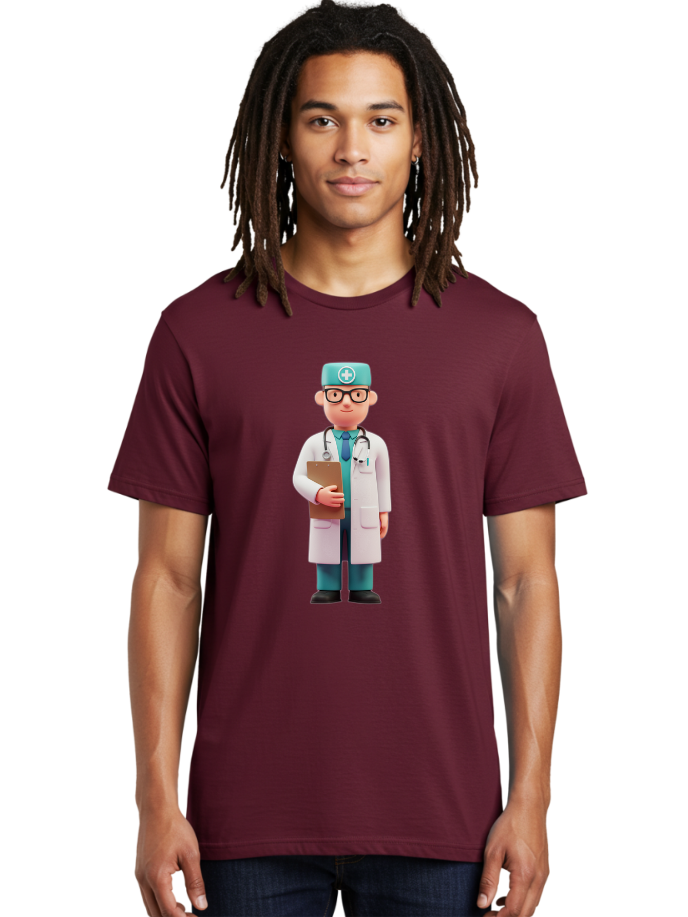 Doctor-Character-4 Men'S Graphic Tee, 100% Cotton, Comfortable Casual Summer Wear, Machine Washable, Cartoon Doctor, Medical Professional, White Coat, Stethoscope, Clipboard, Healthcare Worker, Medical Illustration, 3D Character, Baa471