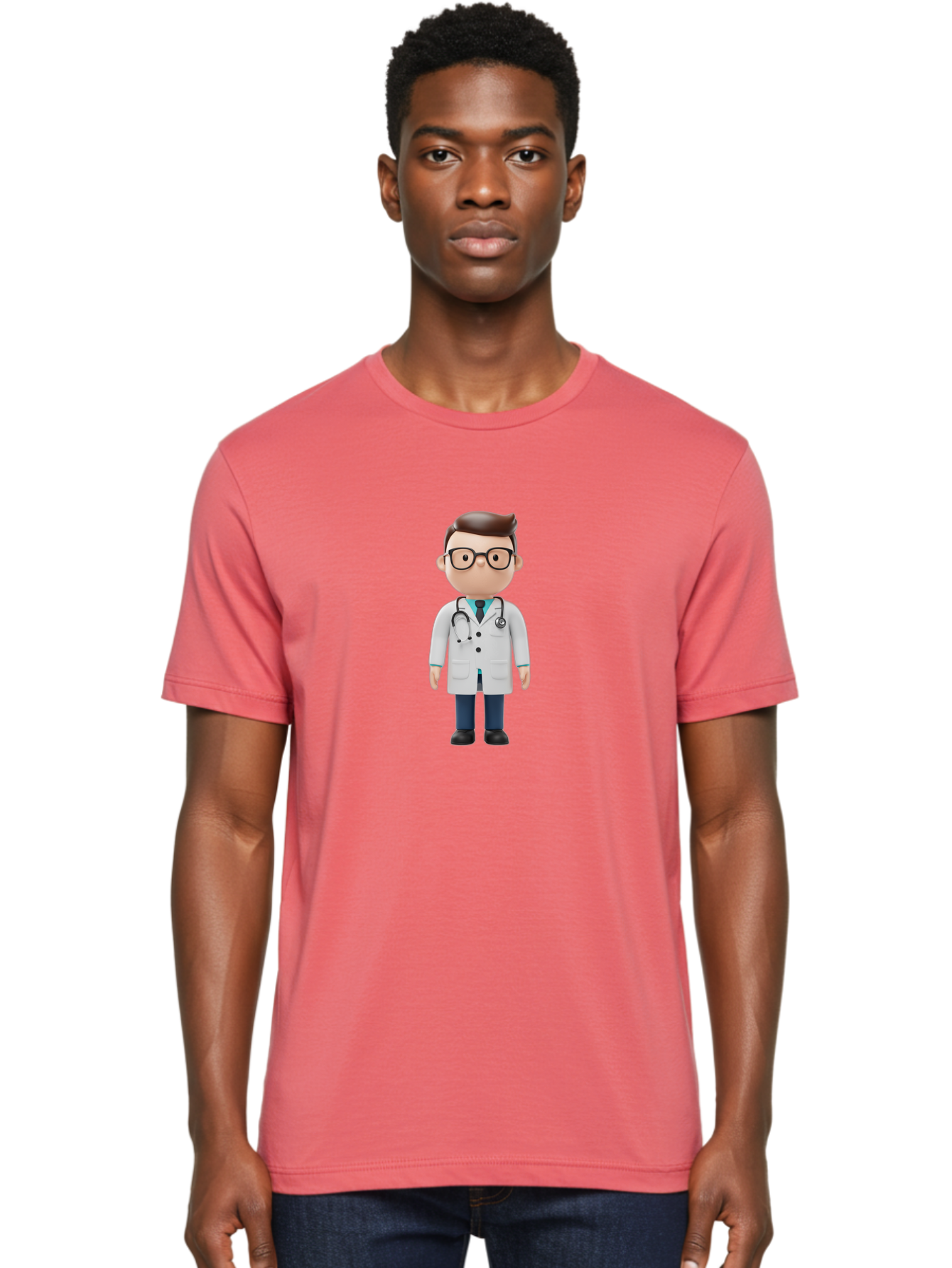 Doctor-Character Men'S Graphic Tee, 100% Cotton, Comfortable Casual Summer Wear, Machine Washable, Cartoon Doctor, Male Physician, Medical Professional, Doctor Character, Stethoscope Around Neck, White Lab Coat, Medical Attire, Baa472