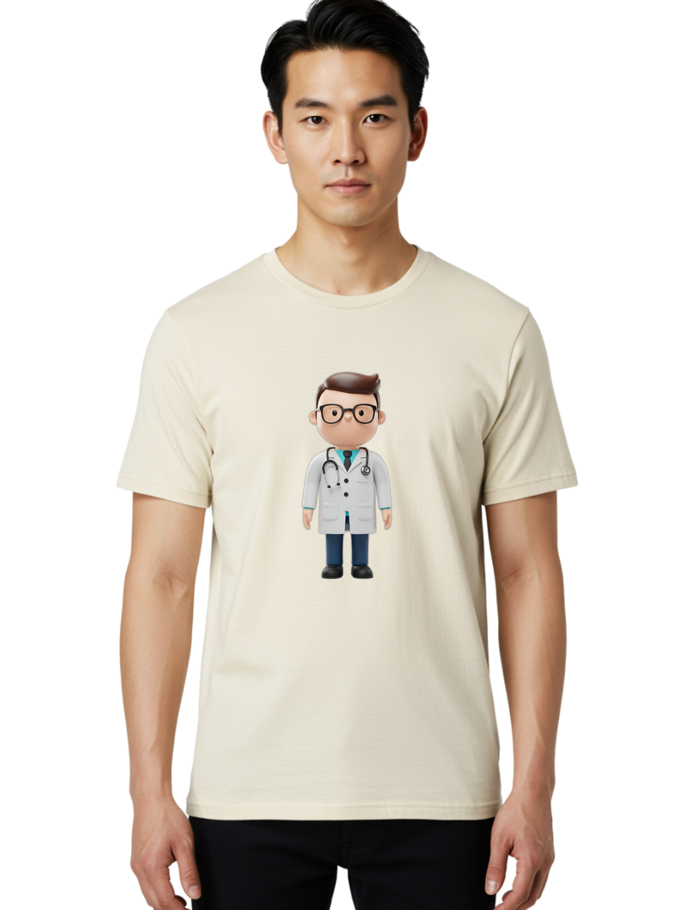 Doctor-Character Men'S Graphic Tee, 100% Cotton, Comfortable Casual Summer Wear, Machine Washable, Cartoon Doctor, Male Physician, Medical Professional, Doctor Character, Stethoscope Around Neck, White Lab Coat, Medical Attire, Baa472