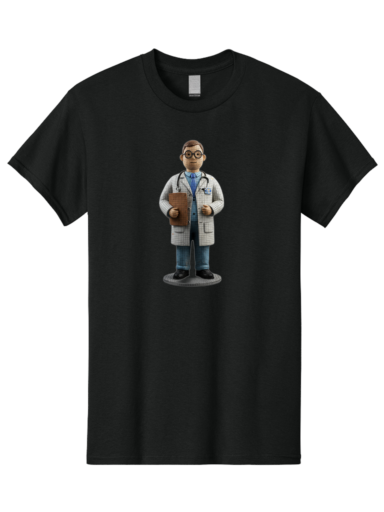 Doctor-Figurine Men'S Graphic Tee, 100% Cotton, Comfortable Casual Summer Wear, Machine Washable, Doctor Figurine, Male Physician, Medical Professional, Stethoscope Around Neck, Clipboard In Hand, White Checkered Lab Coat, Blue Shirt, Jeans, Baa473