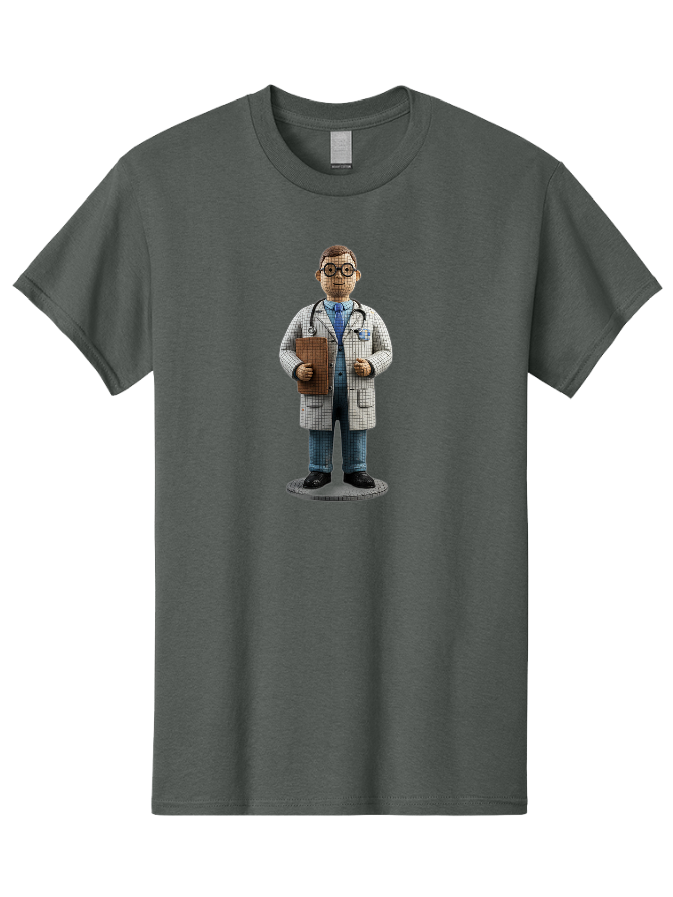Doctor-Figurine Men'S Graphic Tee, 100% Cotton, Comfortable Casual Summer Wear, Machine Washable, Doctor Figurine, Male Physician, Medical Professional, Stethoscope Around Neck, Clipboard In Hand, White Checkered Lab Coat, Blue Shirt, Jeans, Baa473