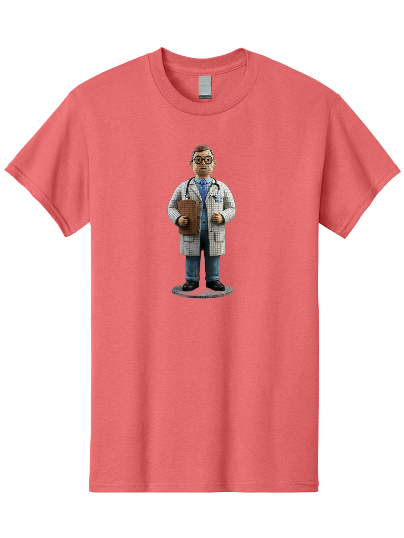 Doctor-Figurine Men'S Graphic Tee, 100% Cotton, Comfortable Casual Summer Wear, Machine Washable, Doctor Figurine, Male Physician, Medical Professional, Stethoscope Around Neck, Clipboard In Hand, White Checkered Lab Coat, Blue Shirt, Jeans, Baa473