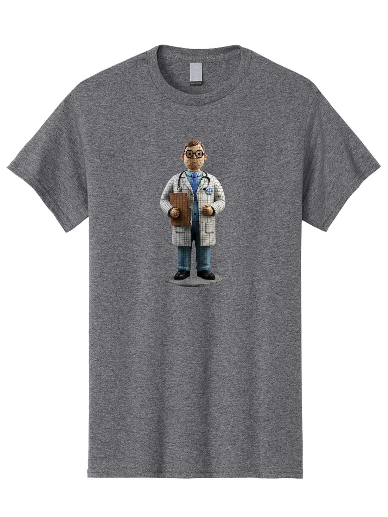 Doctor-Figurine Men'S Graphic Tee, 100% Cotton, Comfortable Casual Summer Wear, Machine Washable, Doctor Figurine, Male Physician, Medical Professional, Stethoscope Around Neck, Clipboard In Hand, White Checkered Lab Coat, Blue Shirt, Jeans, Baa473