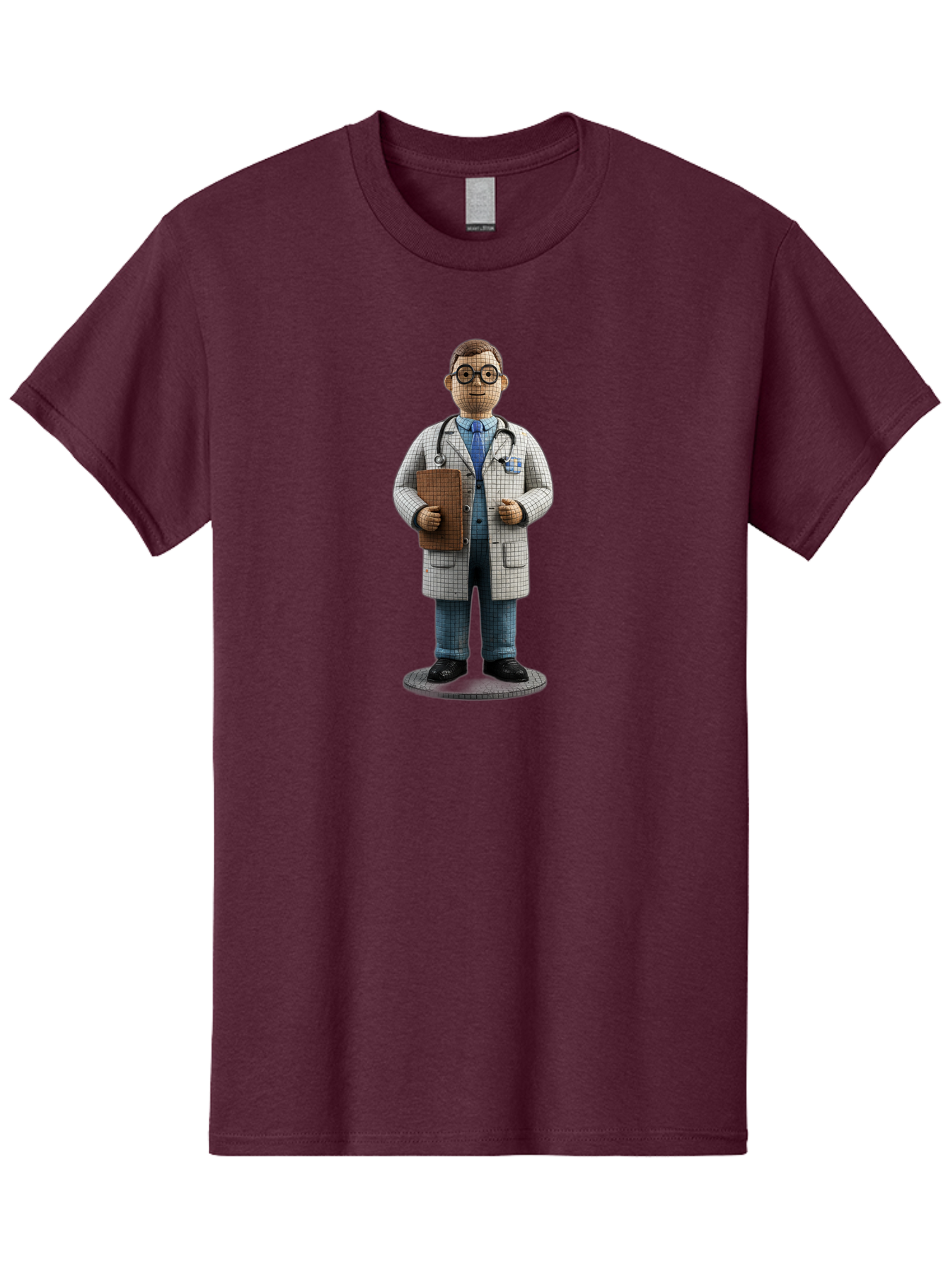 Doctor-Figurine Men'S Graphic Tee, 100% Cotton, Comfortable Casual Summer Wear, Machine Washable, Doctor Figurine, Male Physician, Medical Professional, Stethoscope Around Neck, Clipboard In Hand, White Checkered Lab Coat, Blue Shirt, Jeans, Baa473