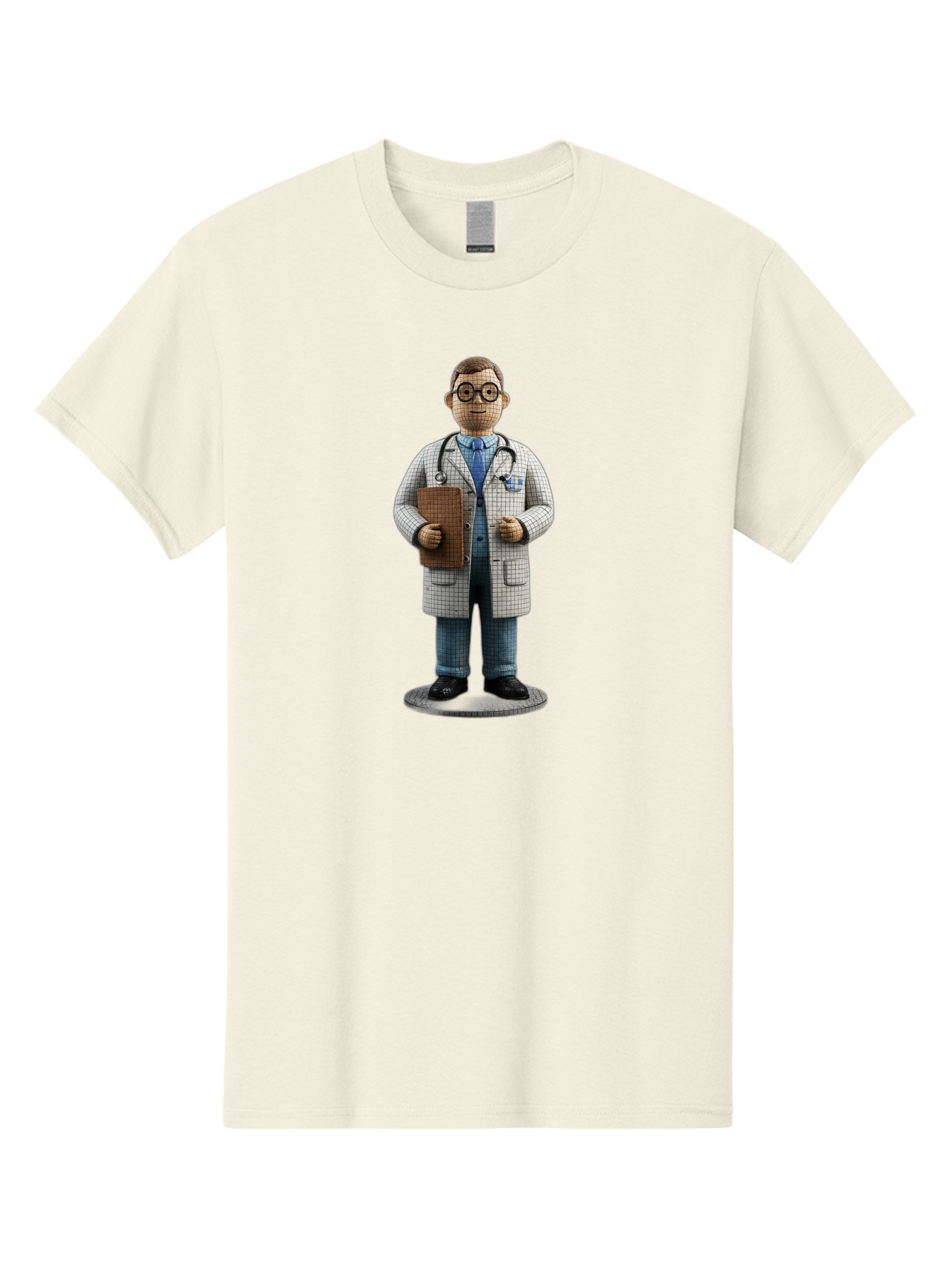 Doctor-Figurine Men'S Graphic Tee, 100% Cotton, Comfortable Casual Summer Wear, Machine Washable, Doctor Figurine, Male Physician, Medical Professional, Stethoscope Around Neck, Clipboard In Hand, White Checkered Lab Coat, Blue Shirt, Jeans, Baa473