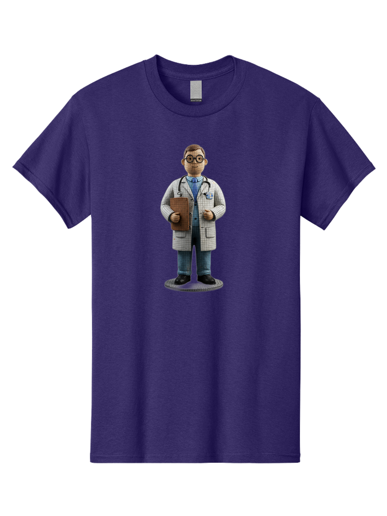 Doctor-Figurine Men'S Graphic Tee, 100% Cotton, Comfortable Casual Summer Wear, Machine Washable, Doctor Figurine, Male Physician, Medical Professional, Stethoscope Around Neck, Clipboard In Hand, White Checkered Lab Coat, Blue Shirt, Jeans, Baa473