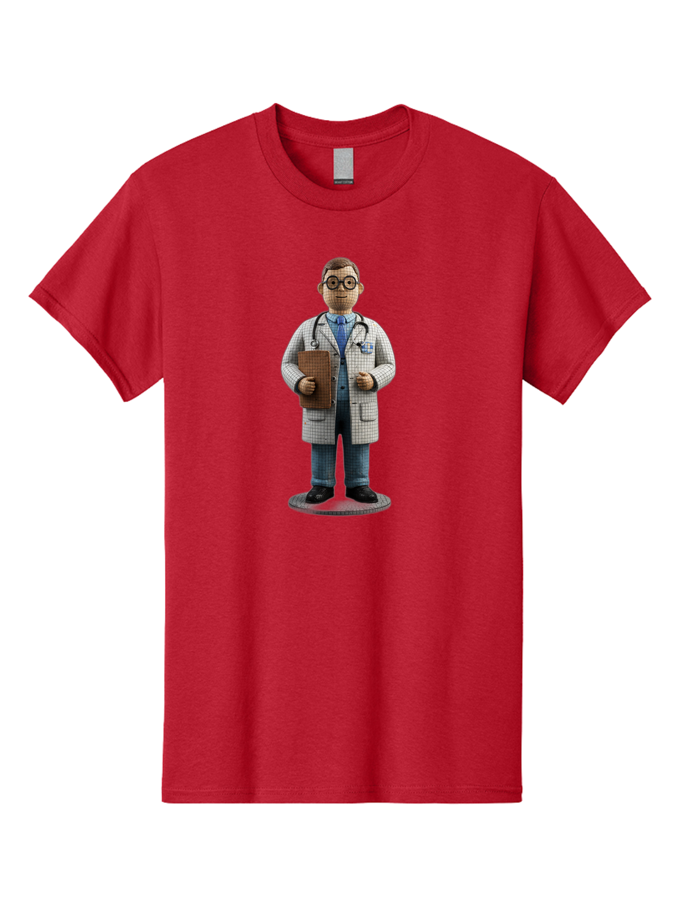 Doctor-Figurine Men'S Graphic Tee, 100% Cotton, Comfortable Casual Summer Wear, Machine Washable, Doctor Figurine, Male Physician, Medical Professional, Stethoscope Around Neck, Clipboard In Hand, White Checkered Lab Coat, Blue Shirt, Jeans, Baa473