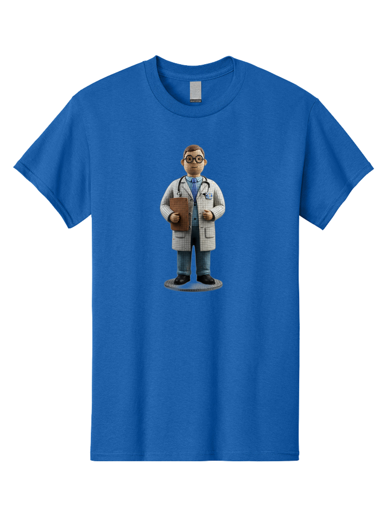 Doctor-Figurine Men'S Graphic Tee, 100% Cotton, Comfortable Casual Summer Wear, Machine Washable, Doctor Figurine, Male Physician, Medical Professional, Stethoscope Around Neck, Clipboard In Hand, White Checkered Lab Coat, Blue Shirt, Jeans, Baa473