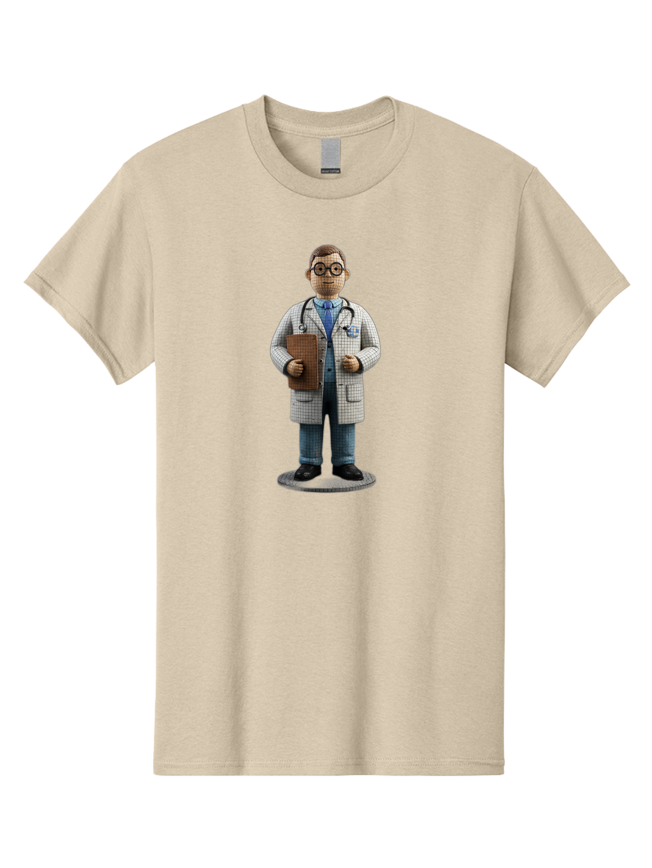 Doctor-Figurine Men'S Graphic Tee, 100% Cotton, Comfortable Casual Summer Wear, Machine Washable, Doctor Figurine, Male Physician, Medical Professional, Stethoscope Around Neck, Clipboard In Hand, White Checkered Lab Coat, Blue Shirt, Jeans, Baa473