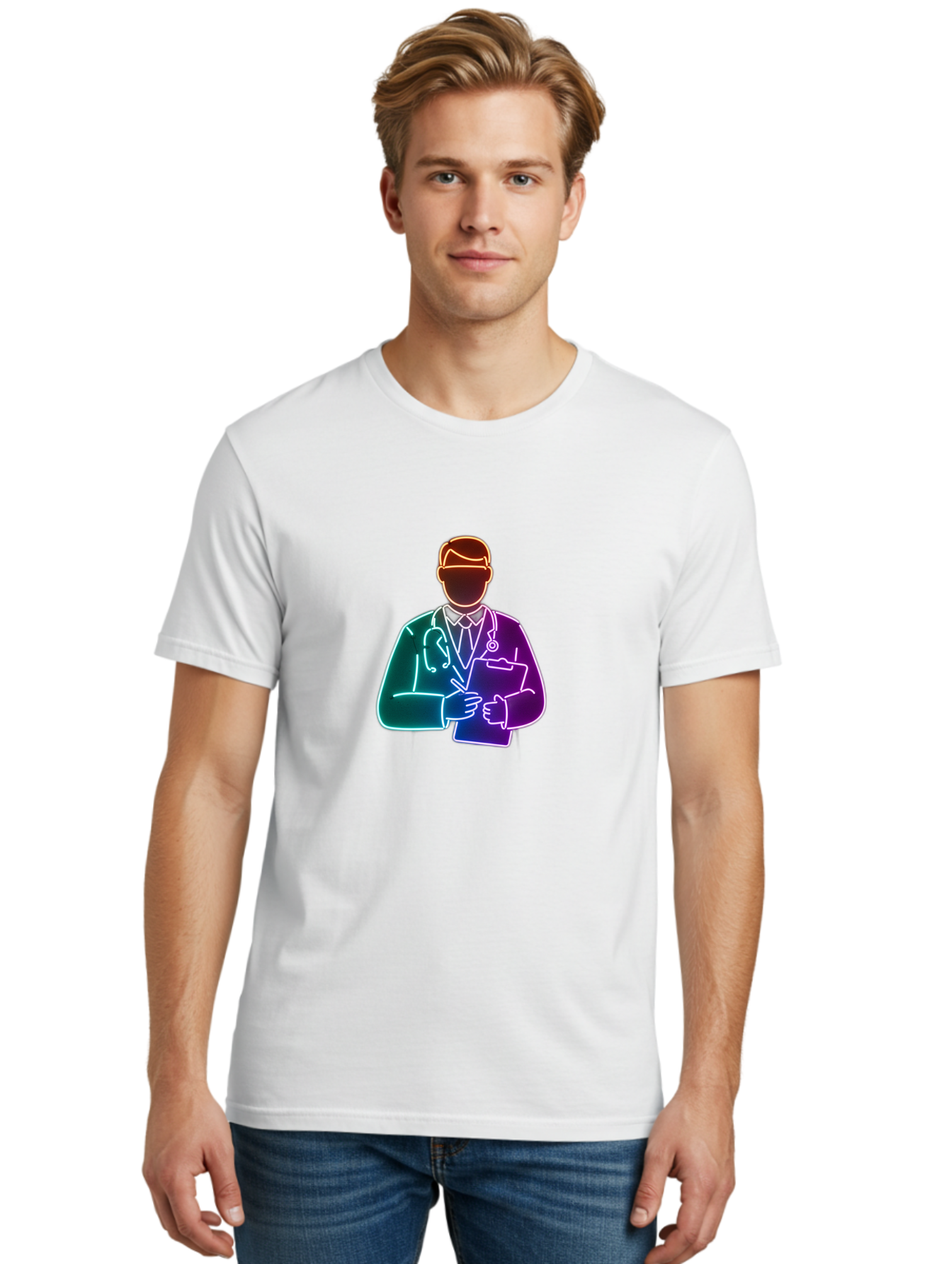 Doctor-Illustration Men'S Graphic Tee, 100% Cotton, Comfortable Casual Summer Wear, Machine Washable, Doctor With Stethoscope, Medical Professional, Healthcare Worker, Clipboard, Medical Notes, Writing, Doctor'S Badge, Medical Attire Baa474
