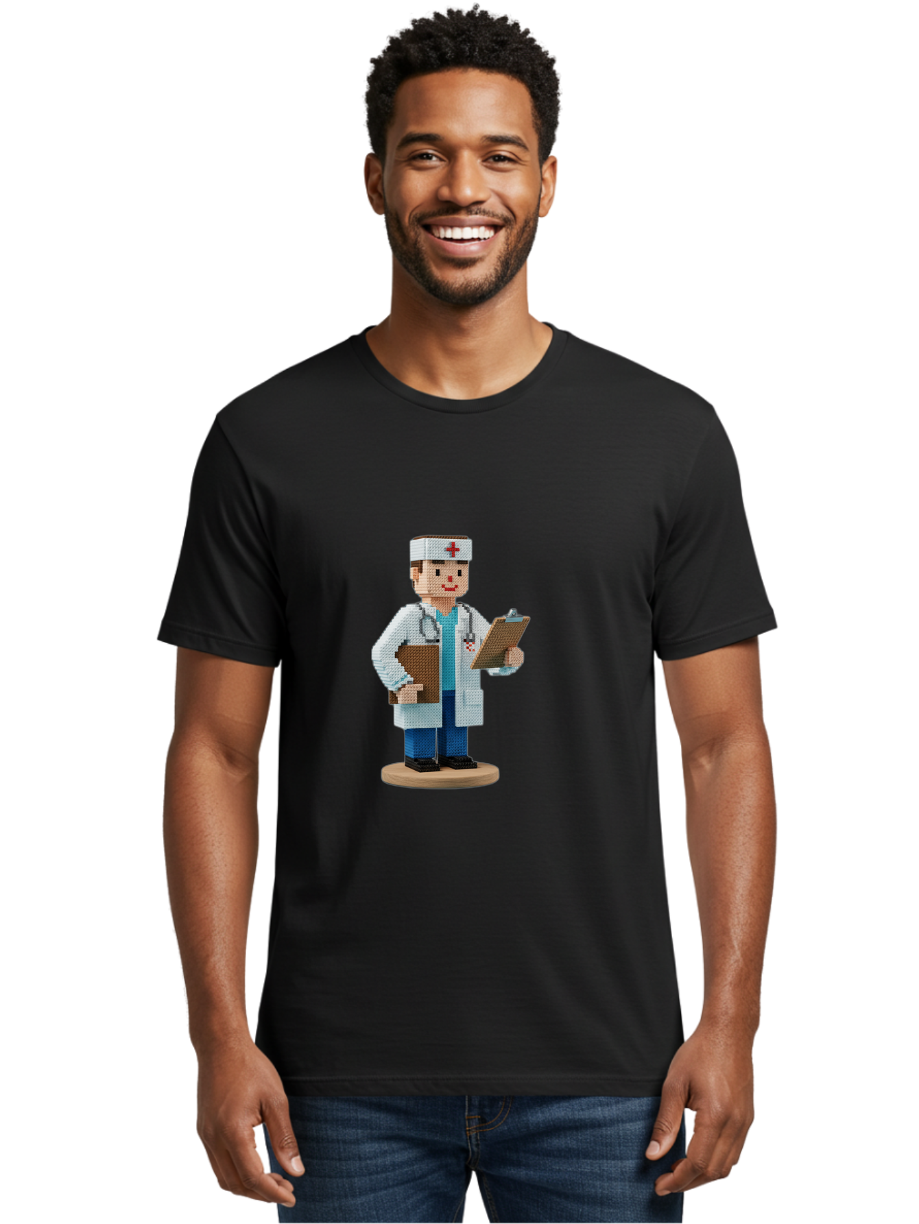 Doctor-Pixel-Art Men'S Graphic Tee, 100% Cotton, Comfortable Casual Summer Wear, Machine Washable, Pixel Art Doctor, Medical Professional, Healthcare Worker, White Coat, Stethoscope, Clipboard, Medical Records, Healthcare Services, Baa475