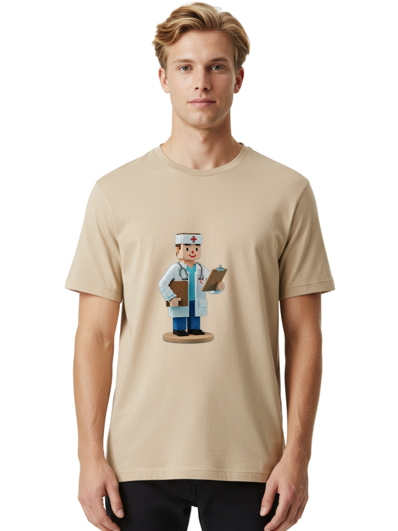 Doctor-Pixel-Art Men'S Graphic Tee, 100% Cotton, Comfortable Casual Summer Wear, Machine Washable, Pixel Art Doctor, Medical Professional, Healthcare Worker, White Coat, Stethoscope, Clipboard, Medical Records, Healthcare Services, Baa475